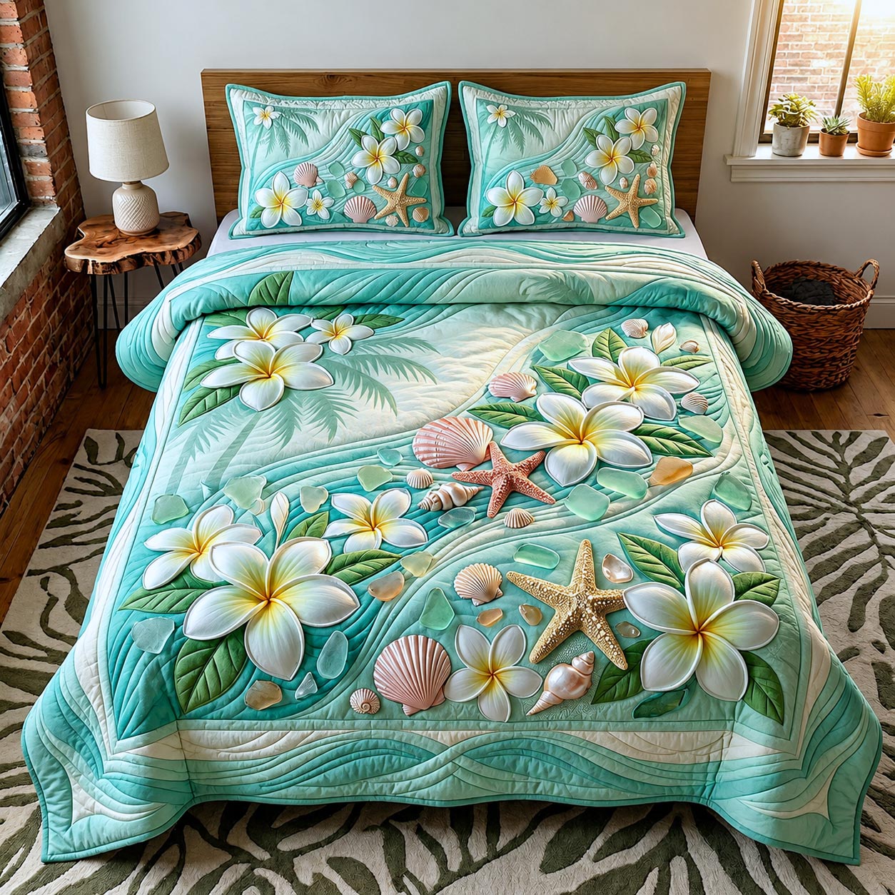 Plumeria Dreams Quilted Bedding Set Coastal Serenity Coverlet Set Home Gifts For Him
