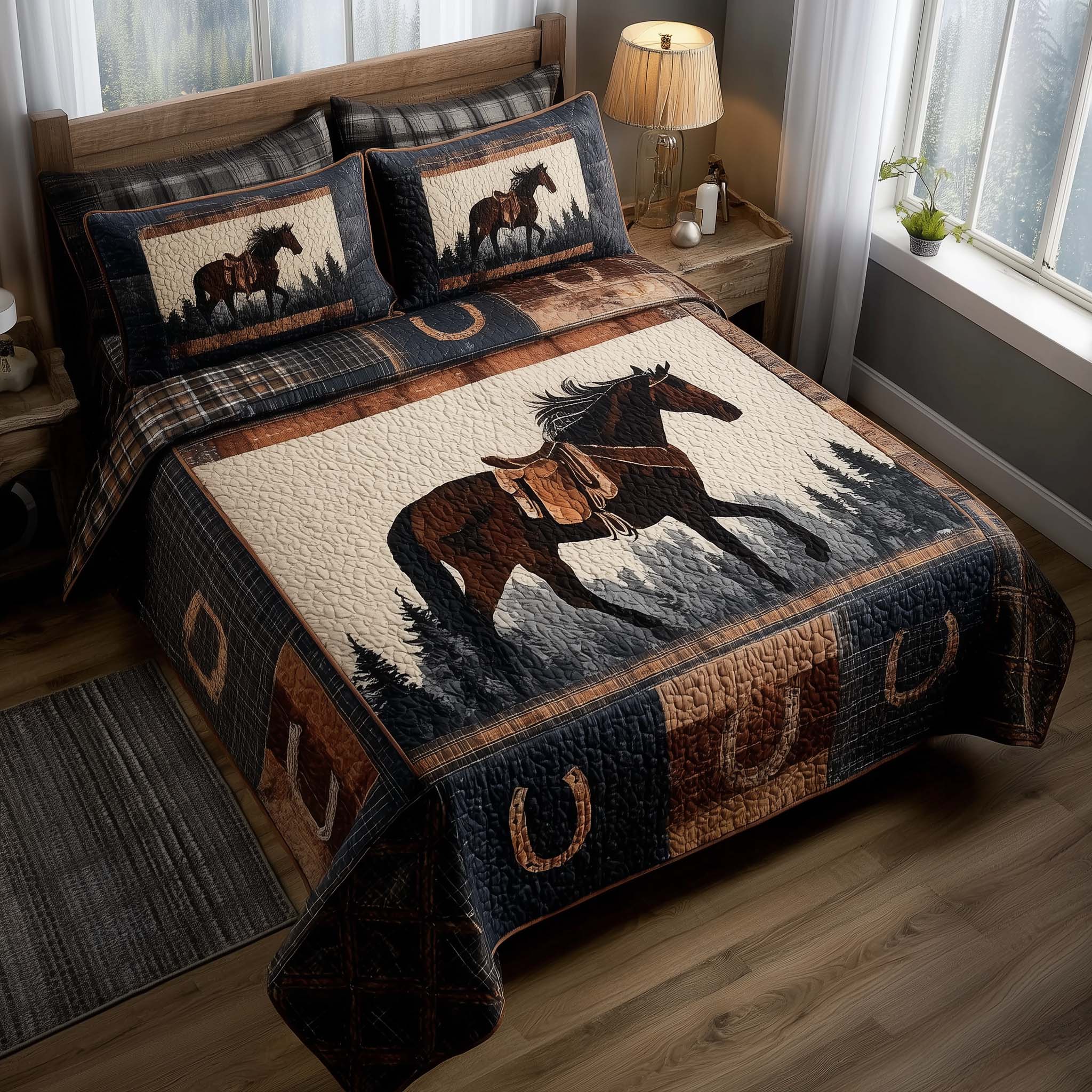 Prairie Horse Quilted Bedding Set Equestrian Spirit Bedding Gift For Aesthetic Room