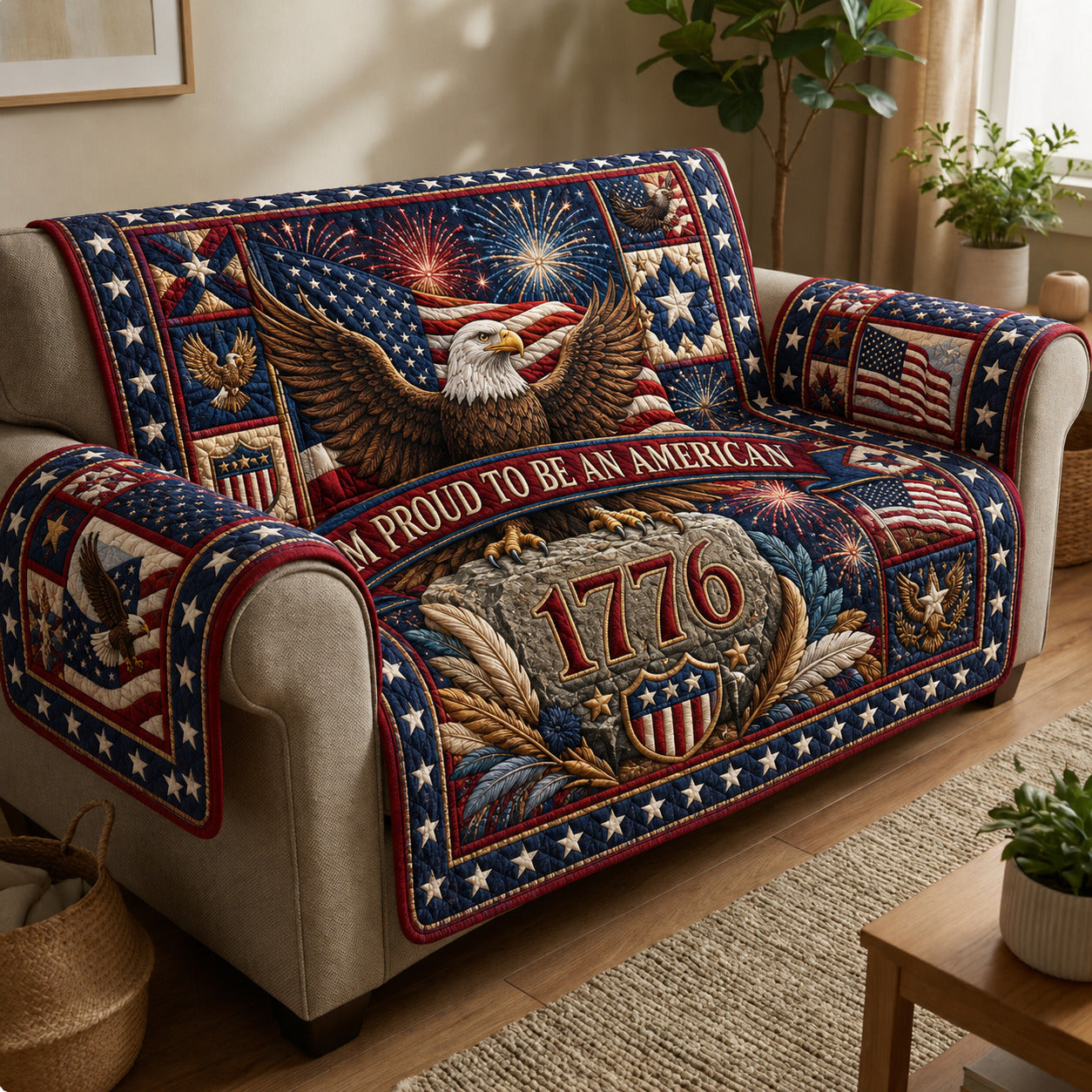 Proud To Be An American Quilted Sofa Cover Patriotic Pride Quilted Couch Cover Room Gift