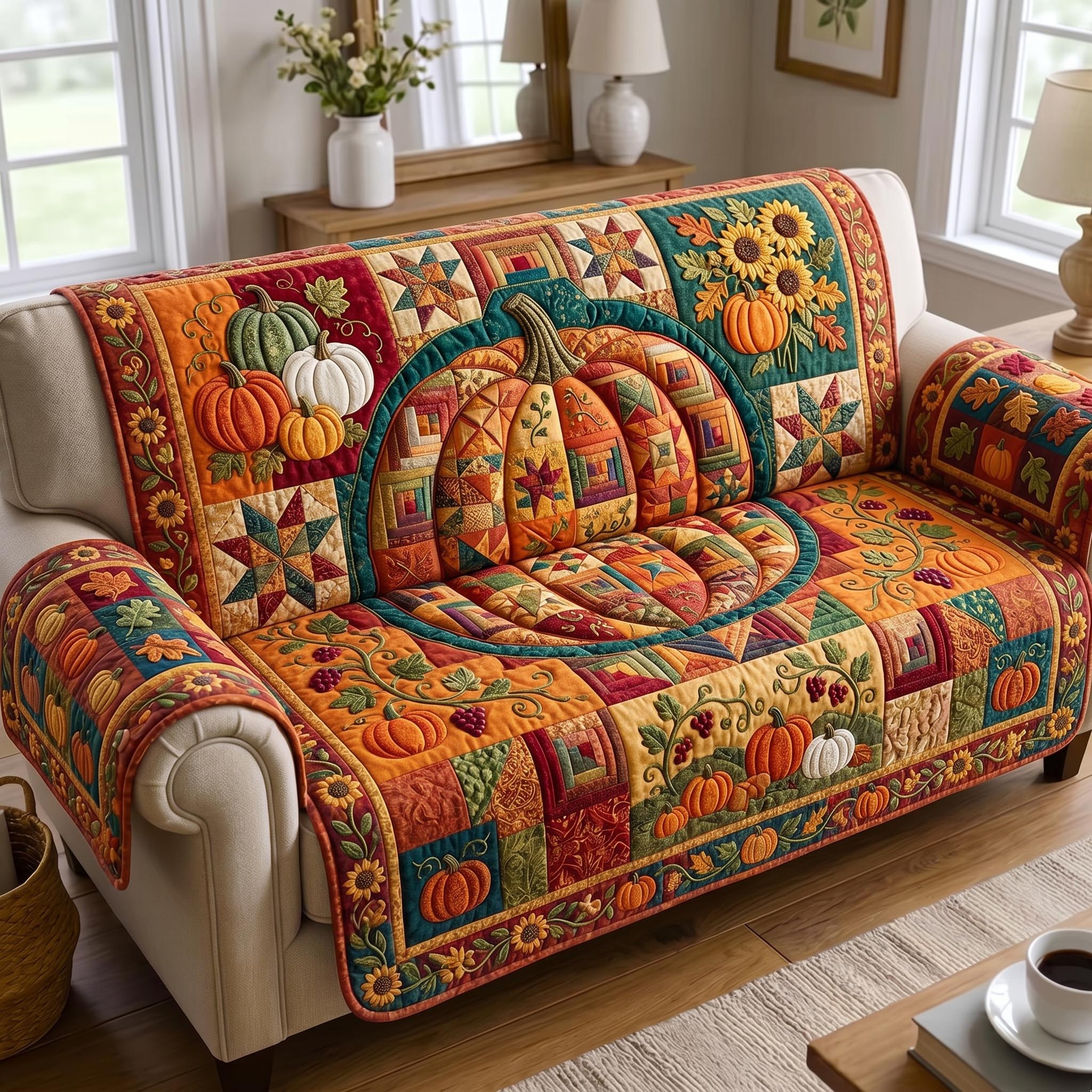 Pumpkin Patch Quilted Sofa Cover Halloween Magic Quilted Couch Cover House Lover Gift
