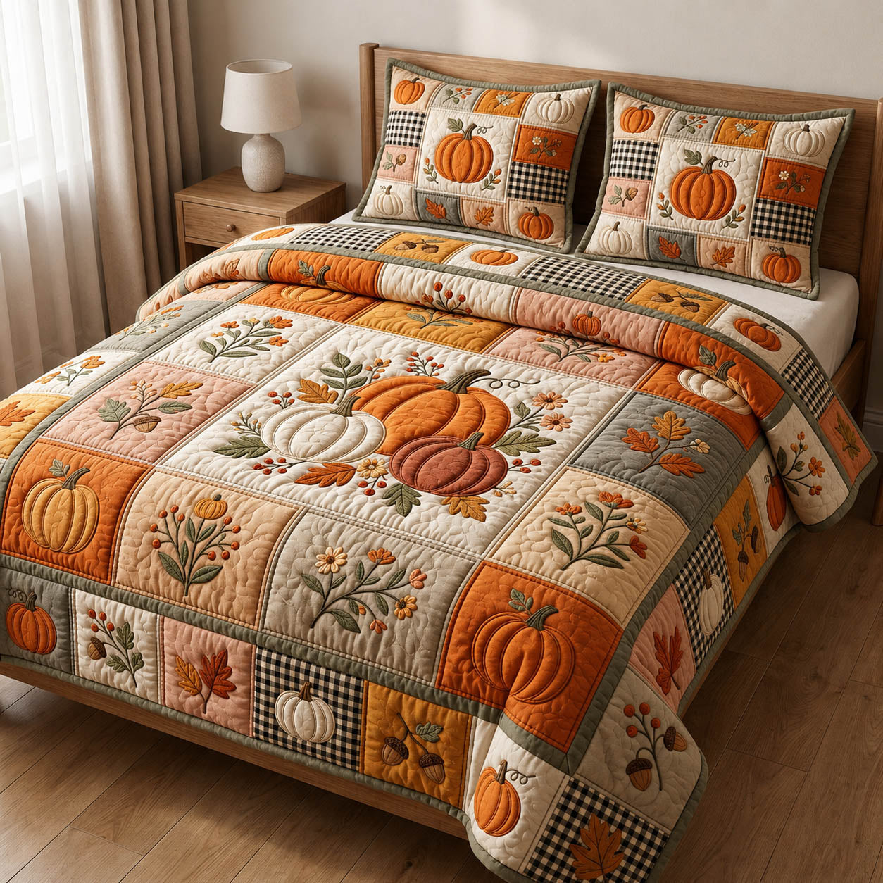 Pumpkin Patchwork Quilted Bedding Set Halloween Pumpkin Coverlet Set House Gift