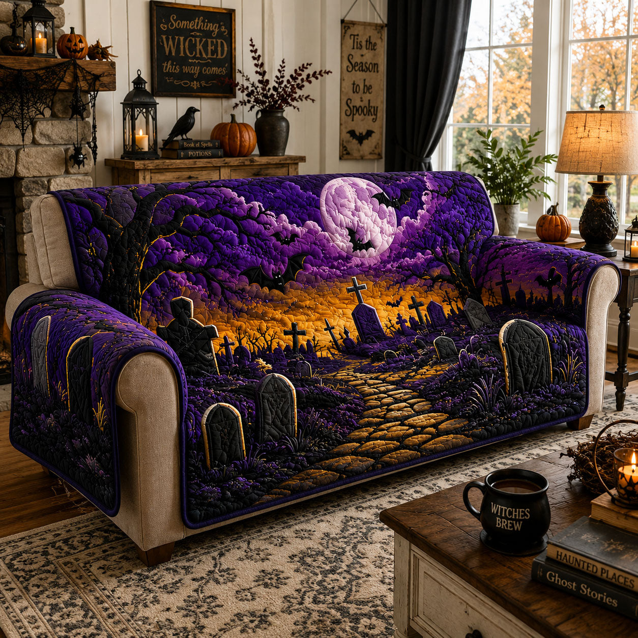 Purple Moon Graveyard Path Quilted Sofa Cover Celestial Dreams Quilted Couch Cover New Gift