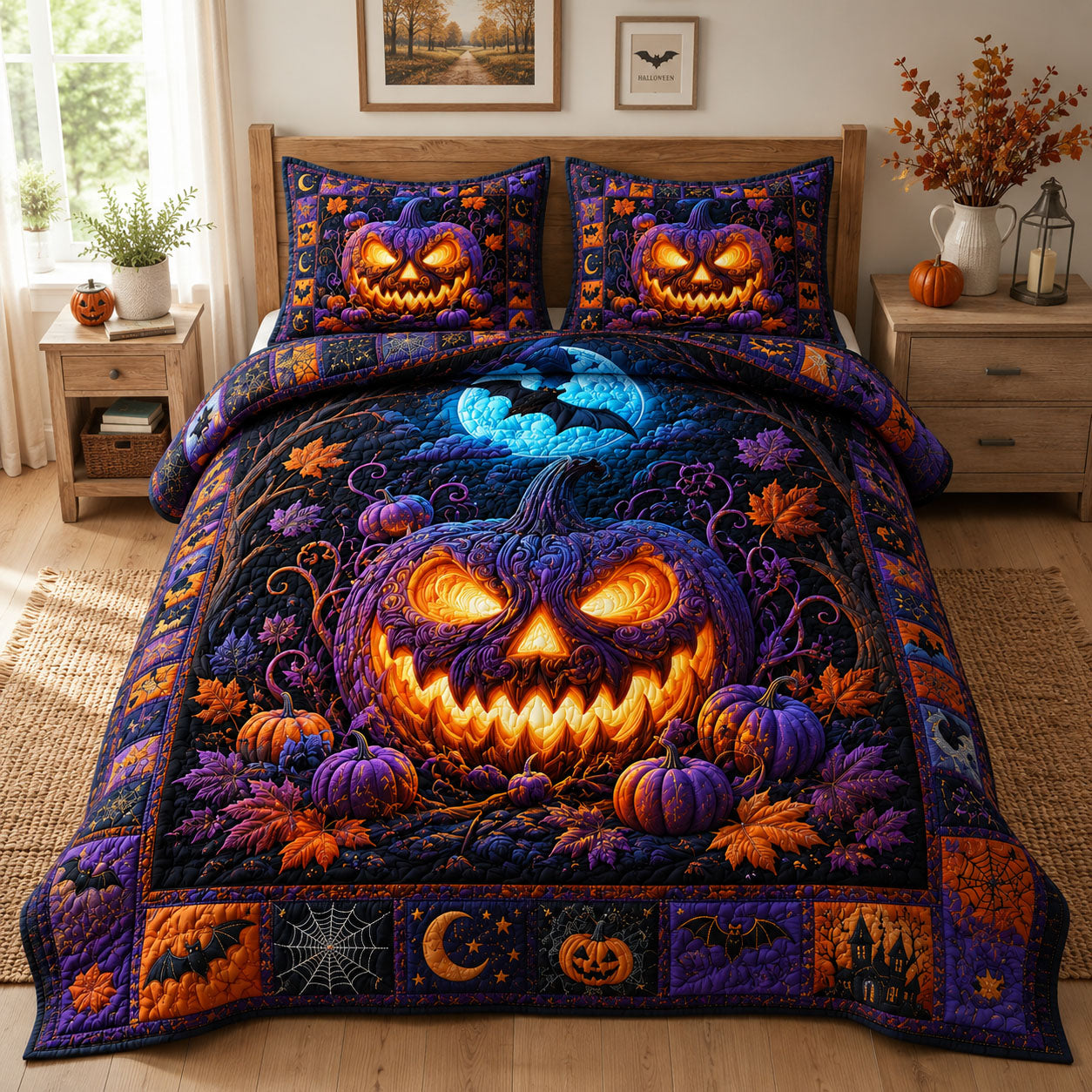 Purple Moon Pumpkin Glow Quilted Bedding Set Halloween Pumpkin Coverlet Set Great Gift