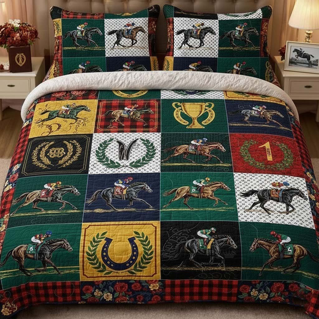 Racing Horse Quilted Bedding Set Horse Lover Coverlet Set Room Lover Gift