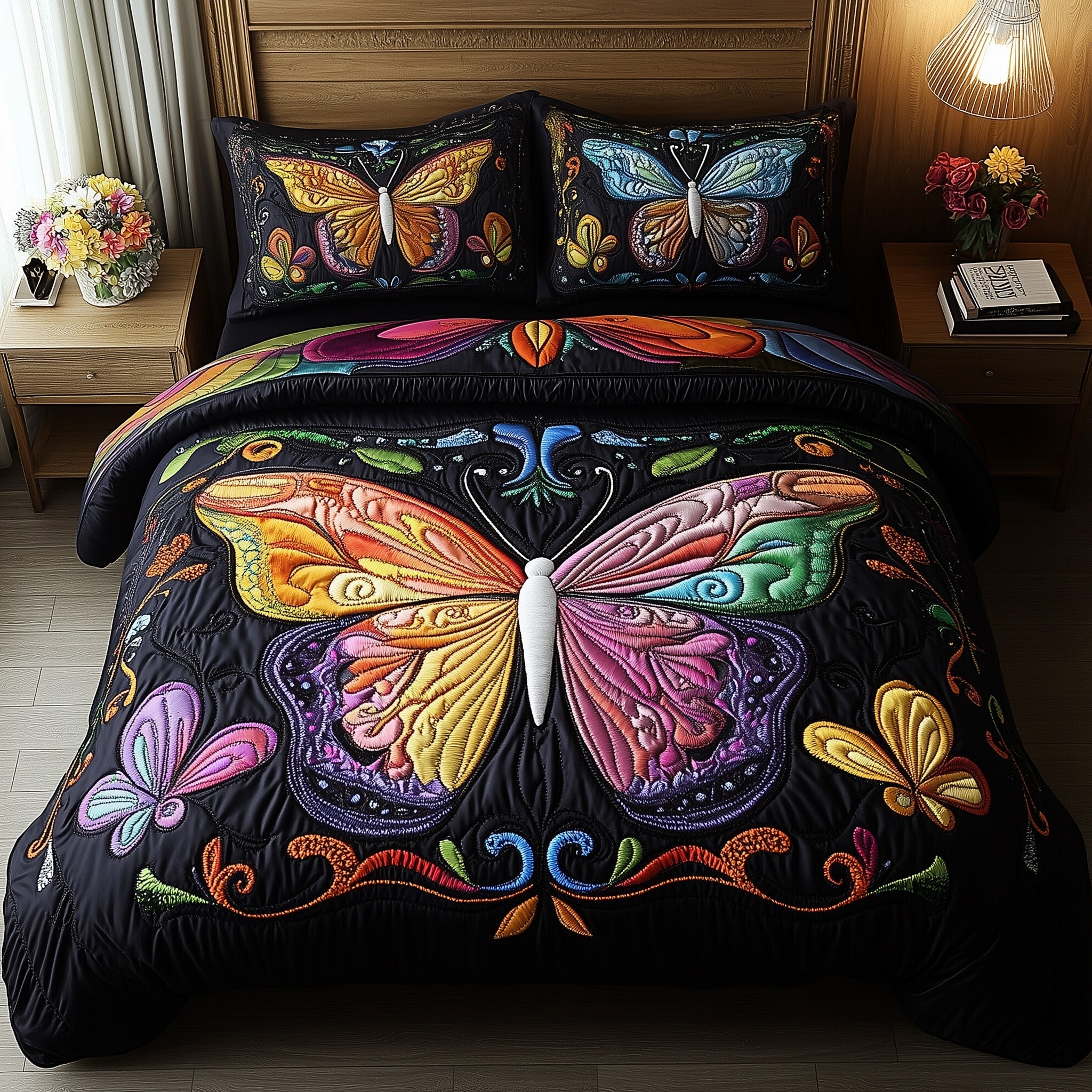 Rainbow Butterfly Quilted Bedding Set Butterfly Lover Coverlet Set Cute Room Decor Gifts