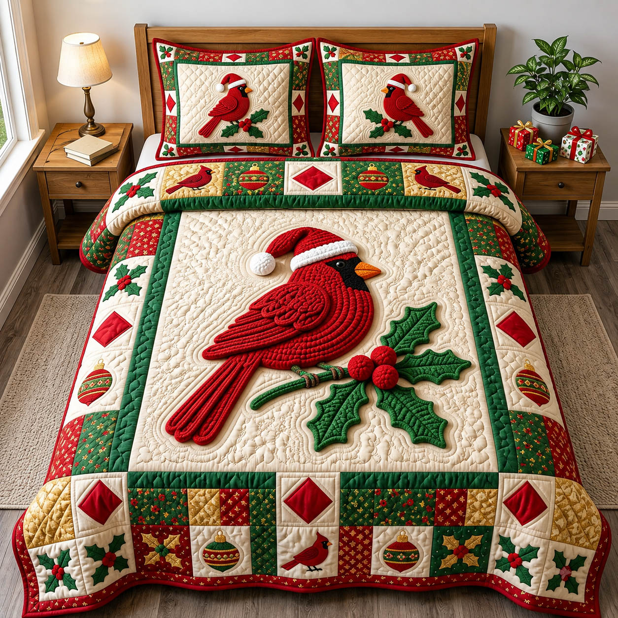 Red Cardinal Quilted Bedding Set Cardinal Lover Coverlet Set Cute Room Decor Gifts