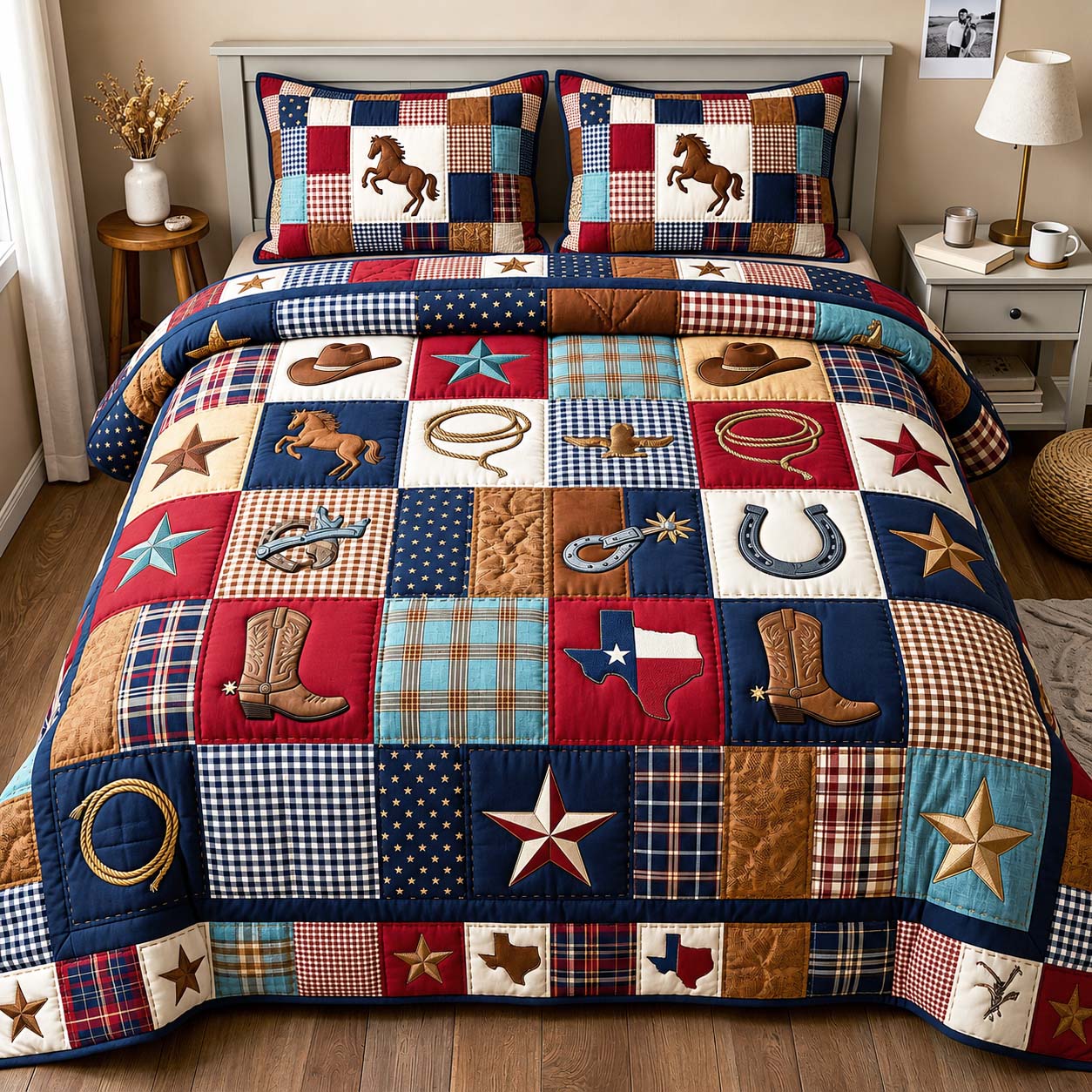 Rodeo Spirit Quilted Bedding Set Western Cowboy Coverlet Set Gift For House Lover