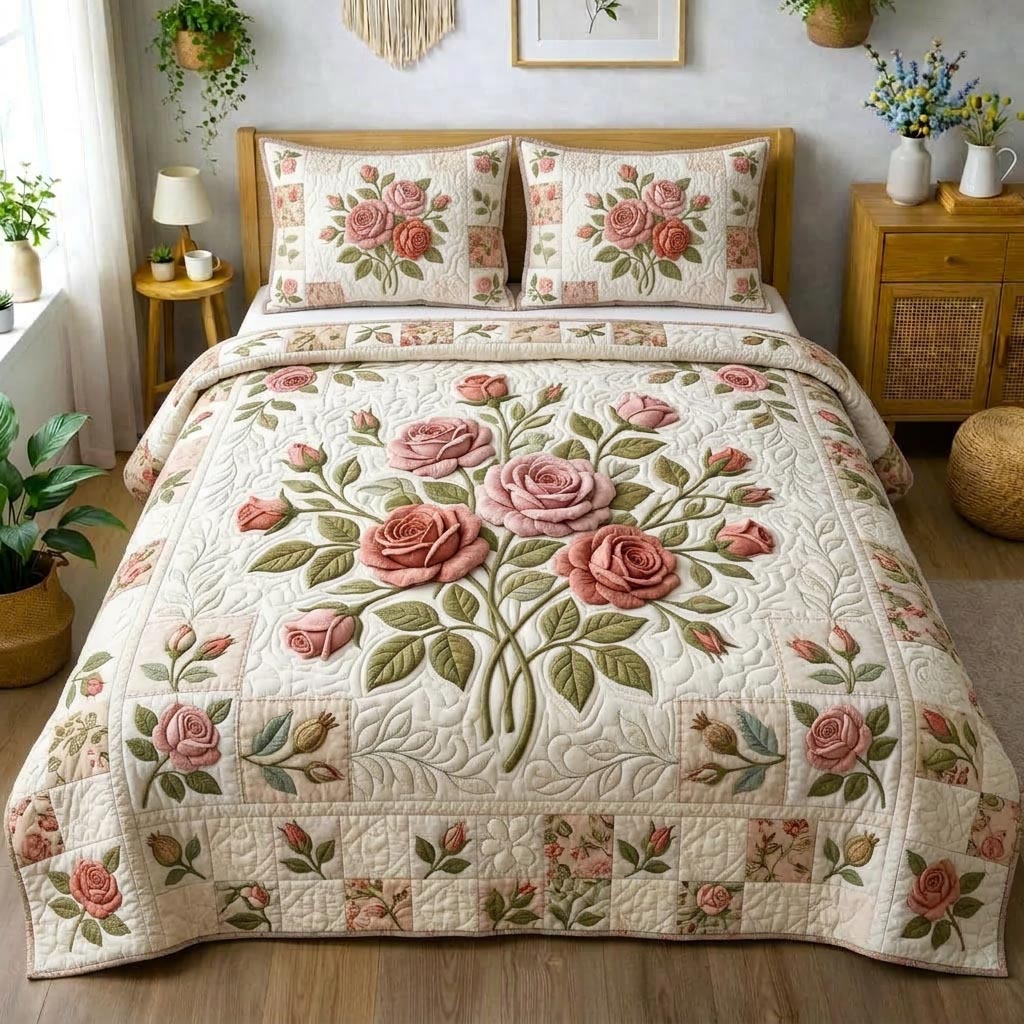 Rose Bloom Quilted Bedding Set Floral Garden Coverlet Set House Lover Gift