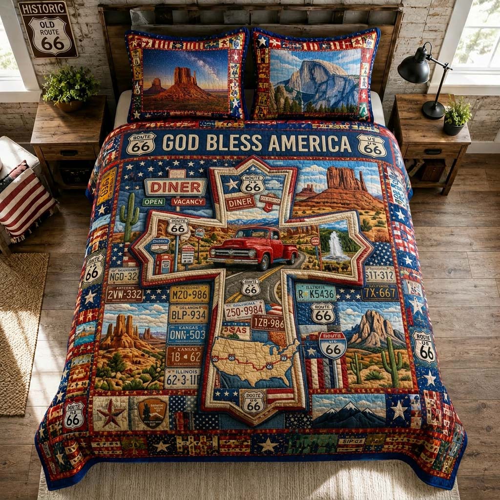 Route 66 Americana Quilted Bedding Set Patriotic America Coverlet Set Gifts For New Homes
