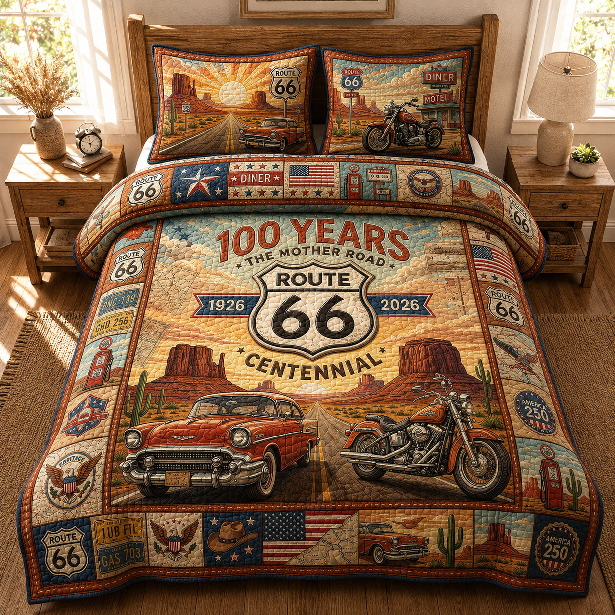 Route 66 Centennial 100 Years Quilted Bedding Set Americana Roadtrip Coverlet Set Gift