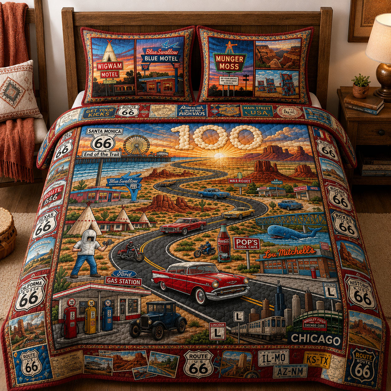 Route 66 Great Road Trip Quilted Bedding Set Americana Roadtrip Coverlet Set Great Gift Ideas