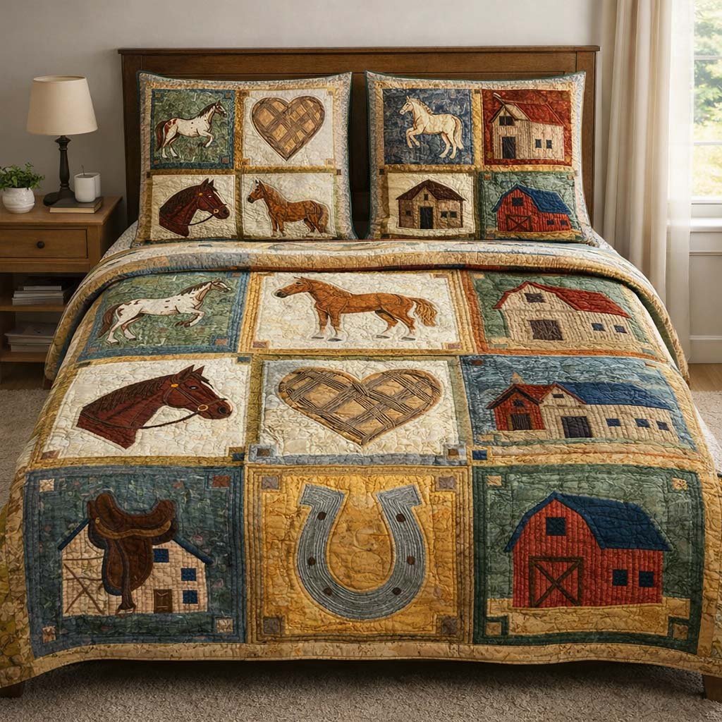 Rustic Horse Quilted Bedding Set Horse Lover Coverlet Set Best Decor Gift
