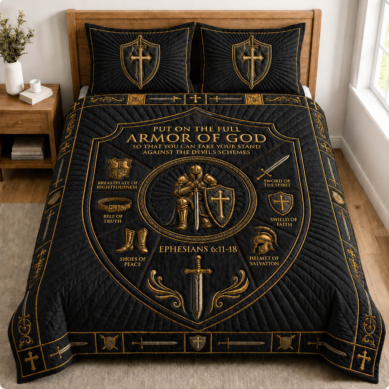 Sacred Black Gold Armor Of God Quilted Bedding Set Christian Warrior Coverlet Set Gift Ideas