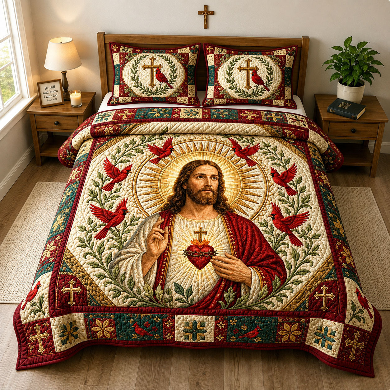 Sacred Heart Cardinal Quilted Bedding Set Christian Cardinal Coverlet Set Cool Room Decor