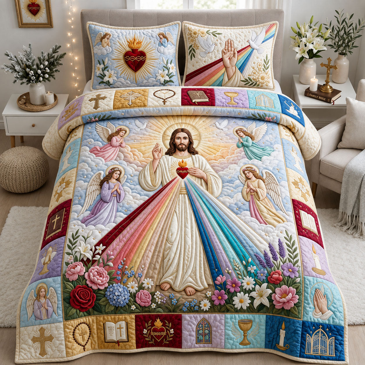 Sacred Heart Jesus Quilted Bedding Set Sacred Heart Coverlet Set Home Lover Gift Ideas