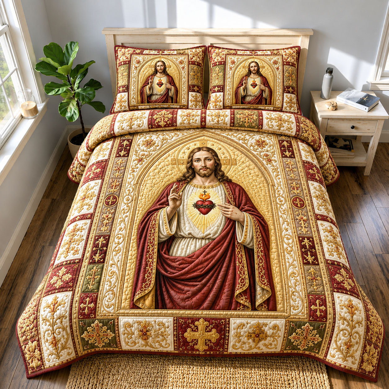Sacred Heart Of Jesus Heirloom Quilted Bedding Set Sacred Heart Coverlet Set Gift Ideas