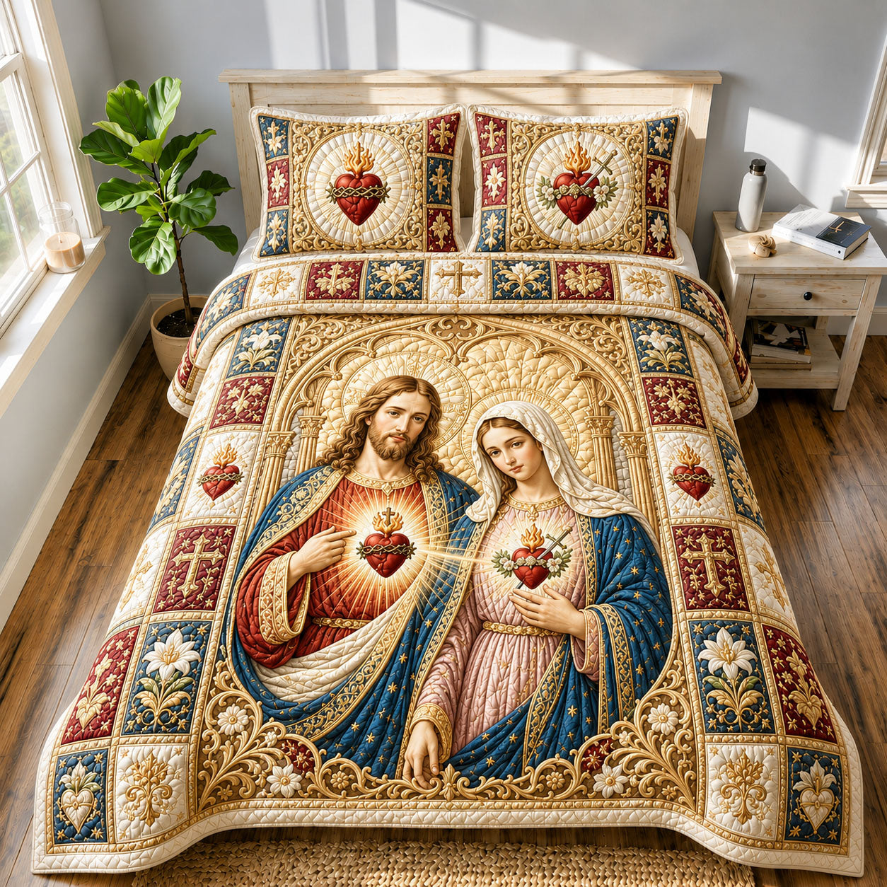 Sacred Hearts Of Jesus And Mary Cathedral Quilted Bedding Set Sacred Heart Coverlet Set