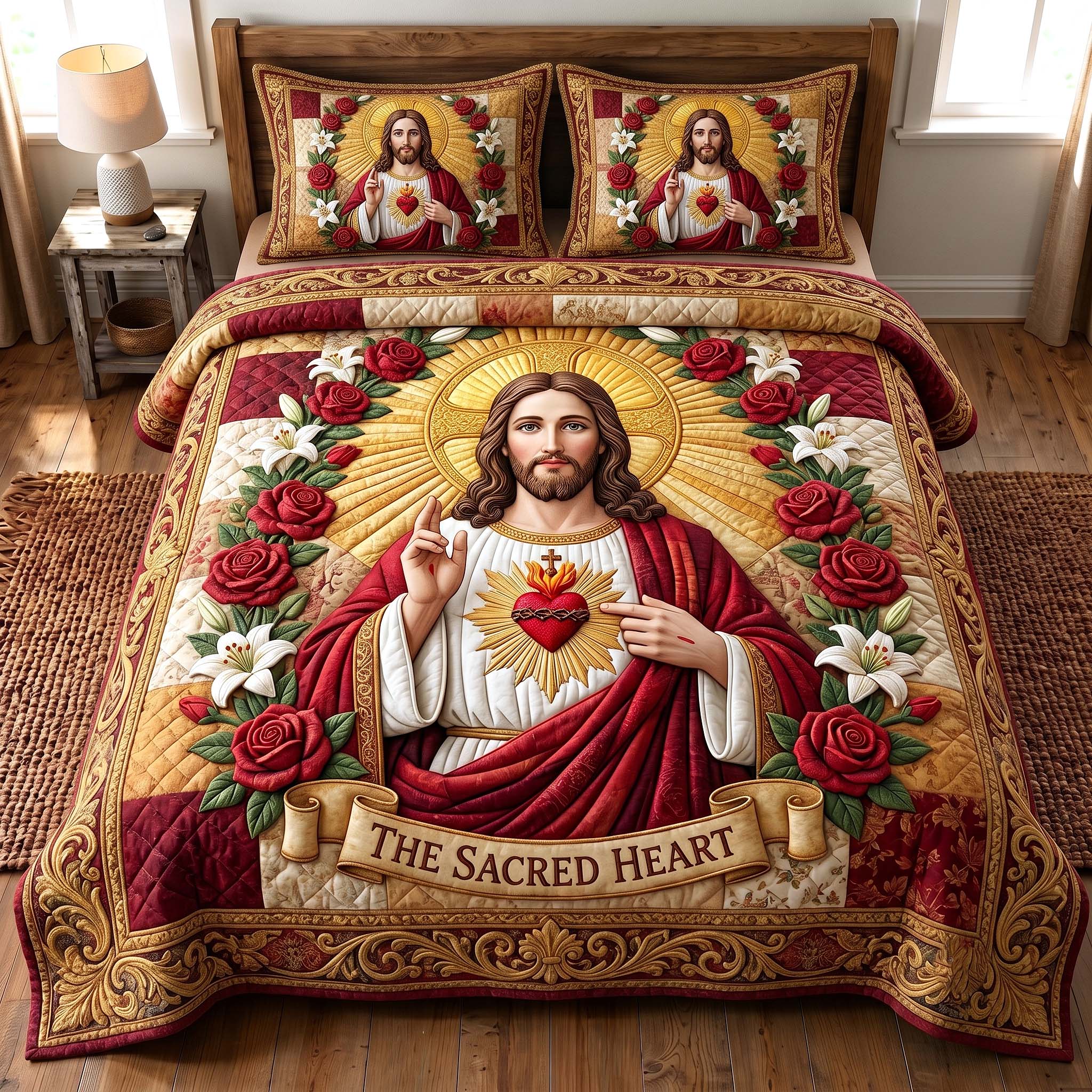 Sacred Savior Quilted Bedding Set Christian Faith Coverlet Set Best Housewarming Gift Ideas