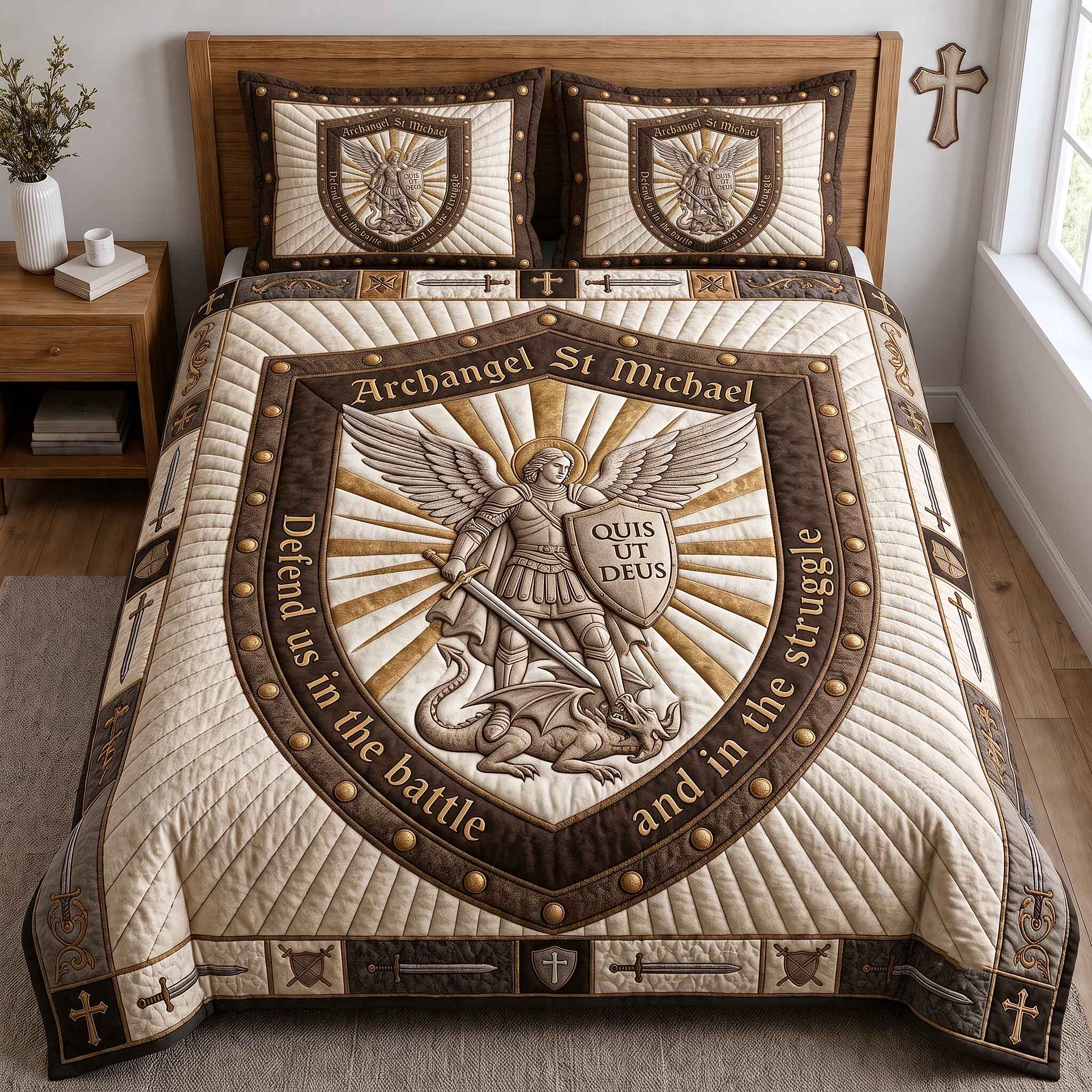Saint Michael Quilted Bedding Set Rustic Lifestyle Coverlet Set Cozy Living Gift Ideas