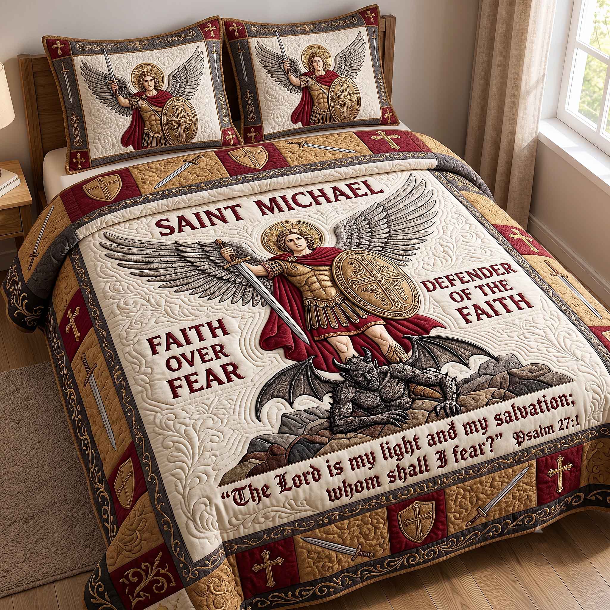 Saint Michael Quilted Bedding Set Rustic Lifestyle Coverlet Set Gifts For Home Lovers