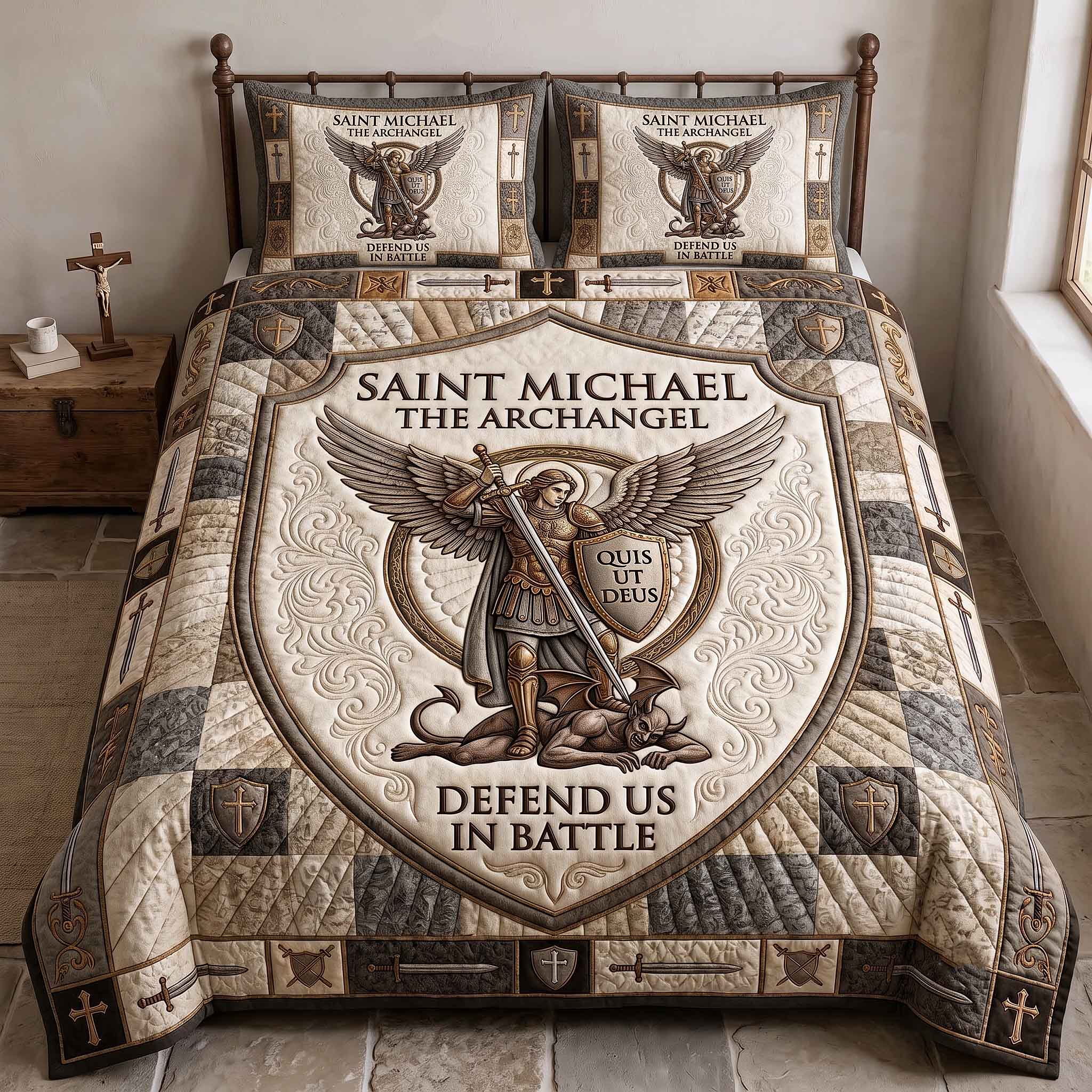 Saint Michael Quilted Bedding Set Rustic Lifestyle Coverlet Set Home Decor Gift Ideas