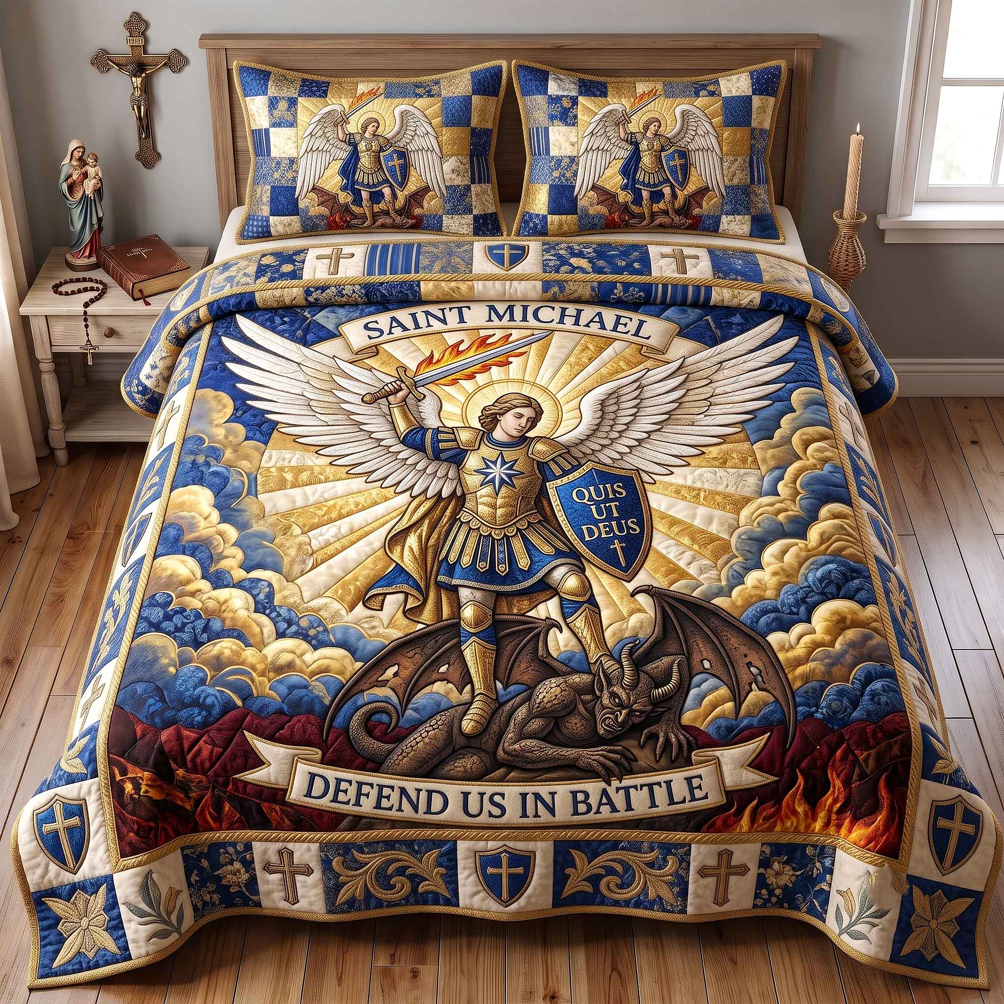Saint Michael Quilted Bedding Set Rustic Lifestyle Coverlet Set Home Lover Gift