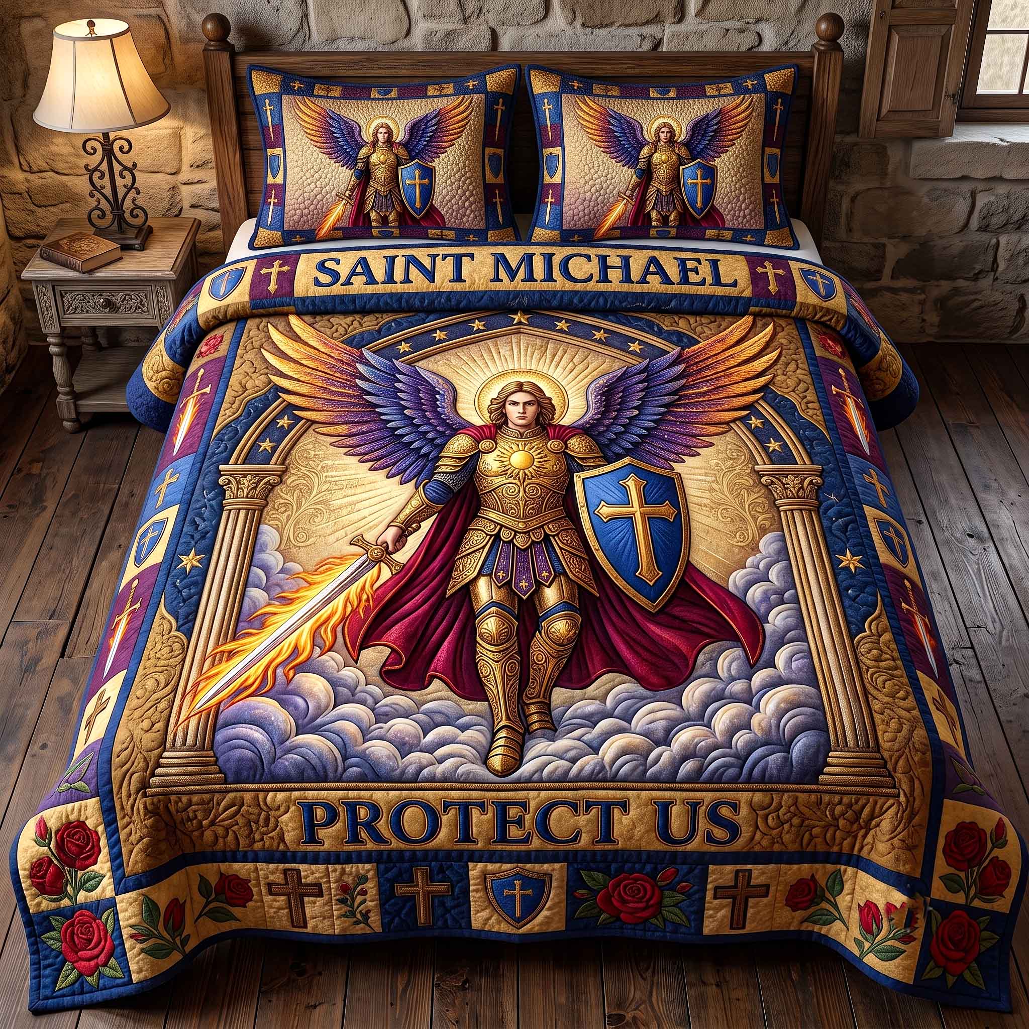 Saint Michael Quilted Bedding Set Rustic Lifestyle Coverlet Set House Lover Gift