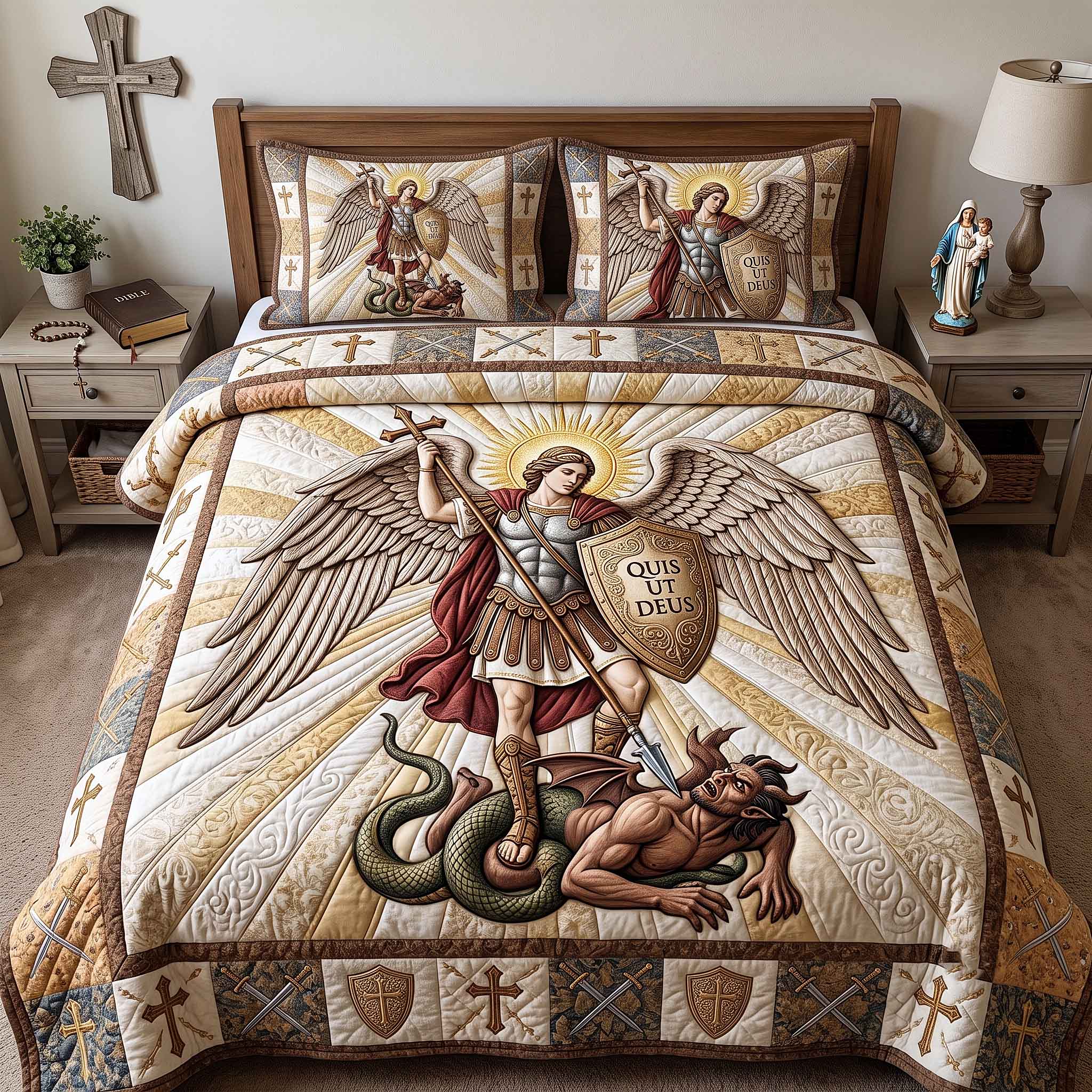 Saint Michael Quilted Bedding Set Rustic Lifestyle Coverlet Set New Home Gift