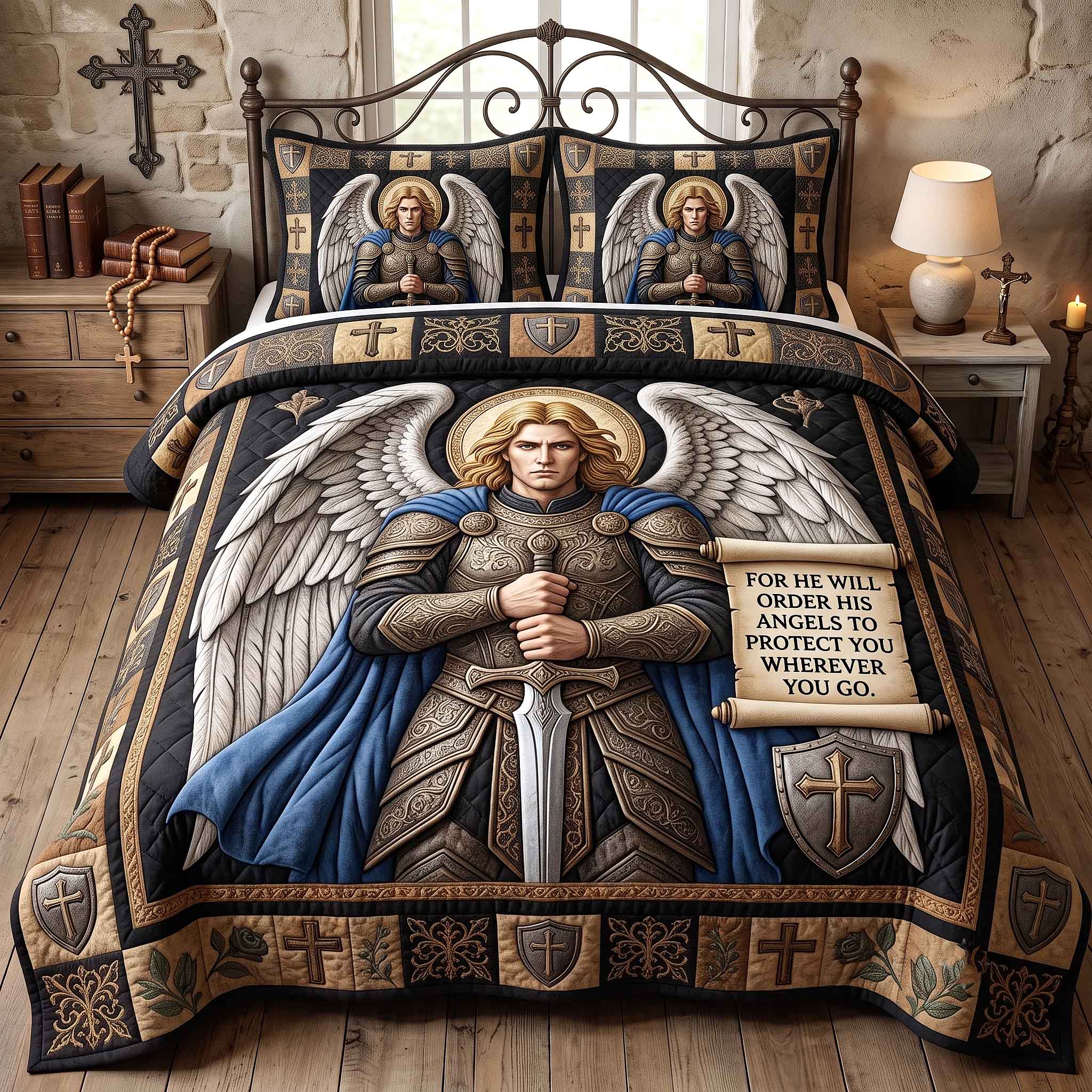 Saint Michael Quilted Bedding Set Rustic Lifestyle Coverlet Set Present For New Home