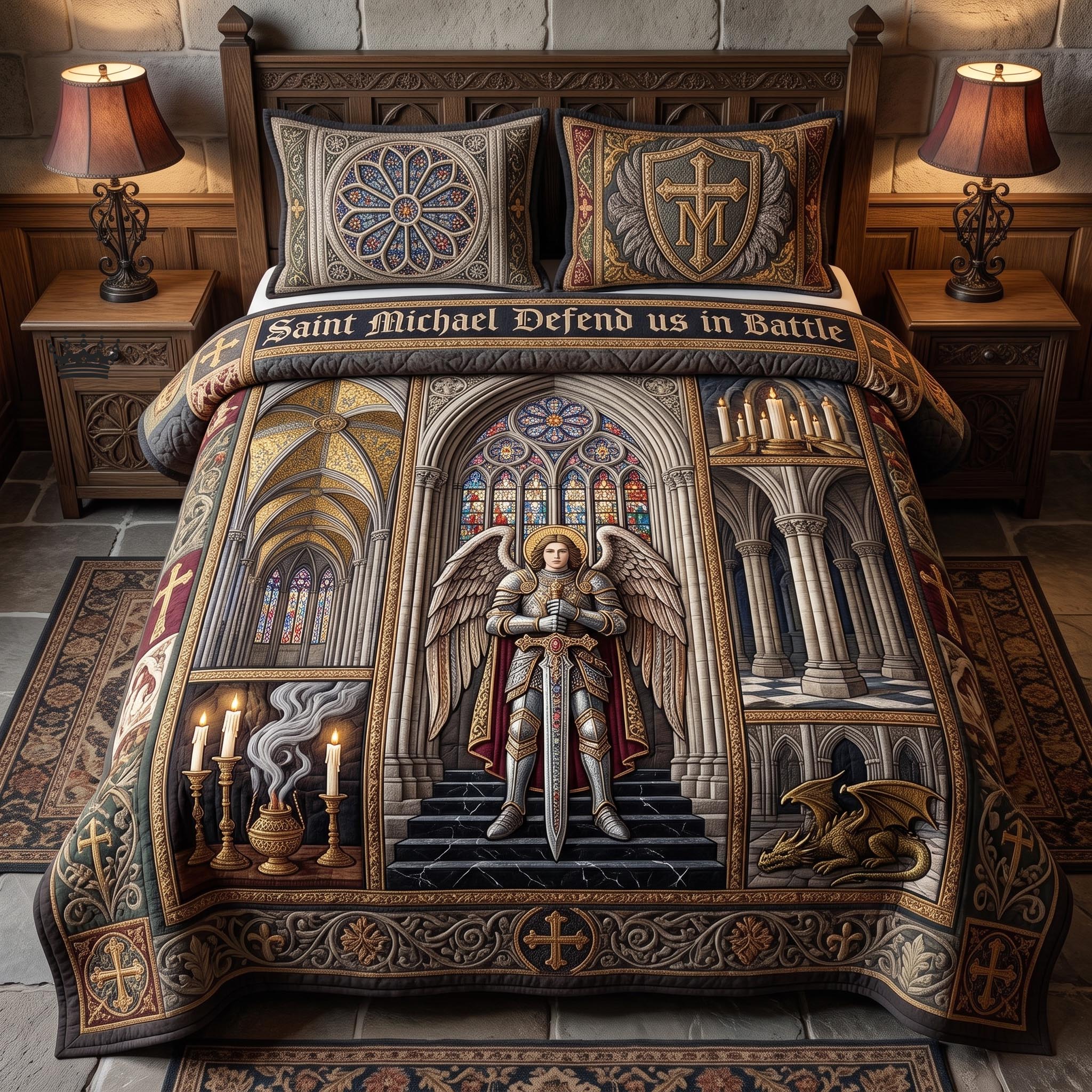 Saint Michael Quilted Bedding Set Rustic Lifestyle Coverlet Set Room Gift For Her