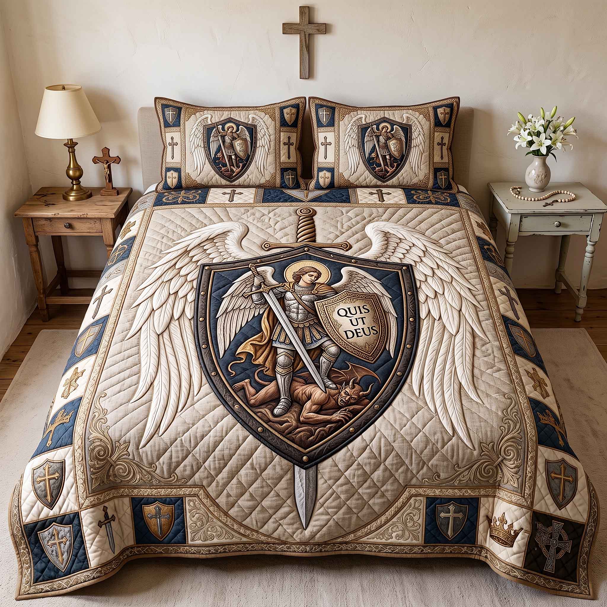 Saint Michael Quilted Bedding Set Rustic Lifestyle Coverlet Set Room Gift For Him