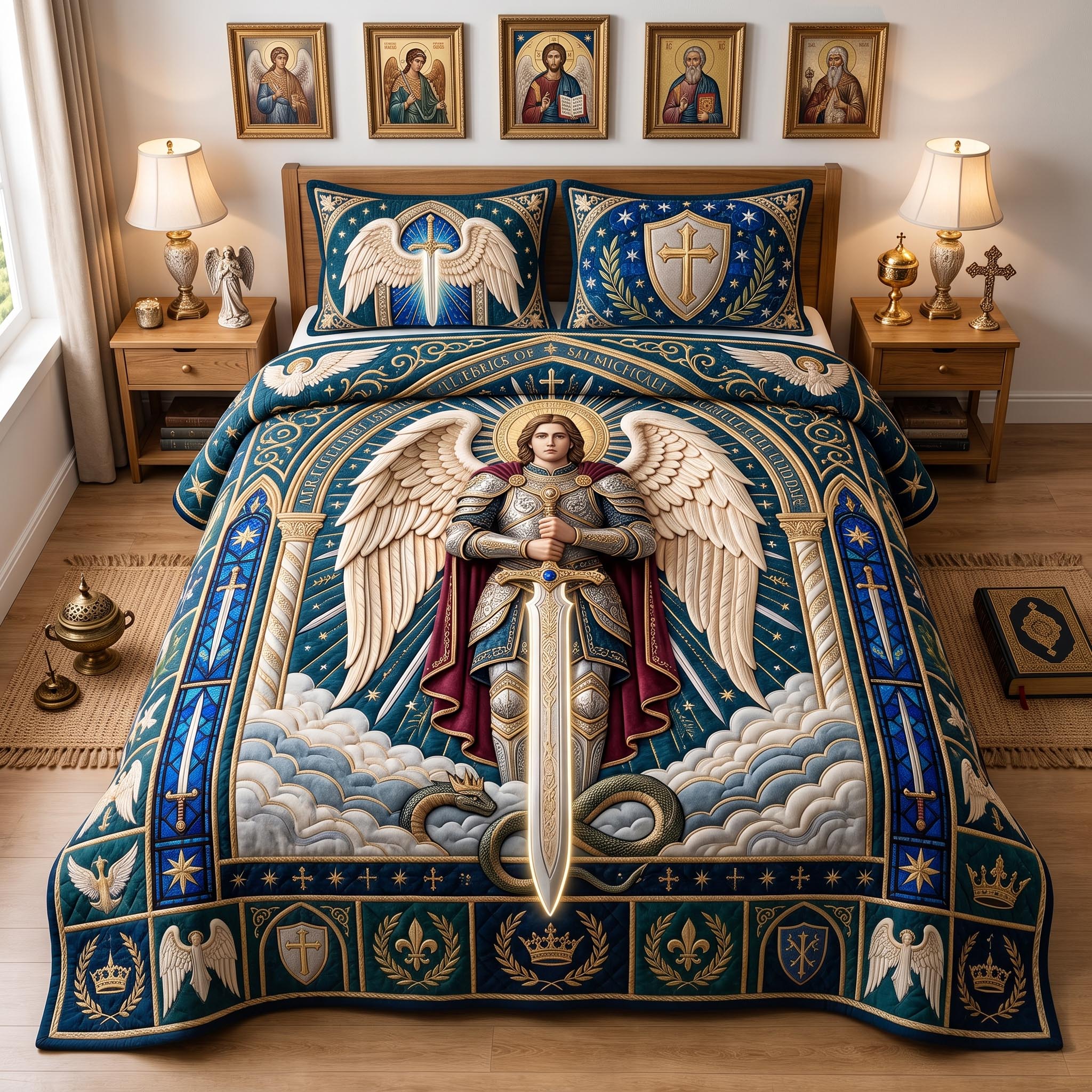 Saint Warrior Quilted Bedding Set Rustic Lifestyle Coverlet Set Cozy Living Gift Ideas