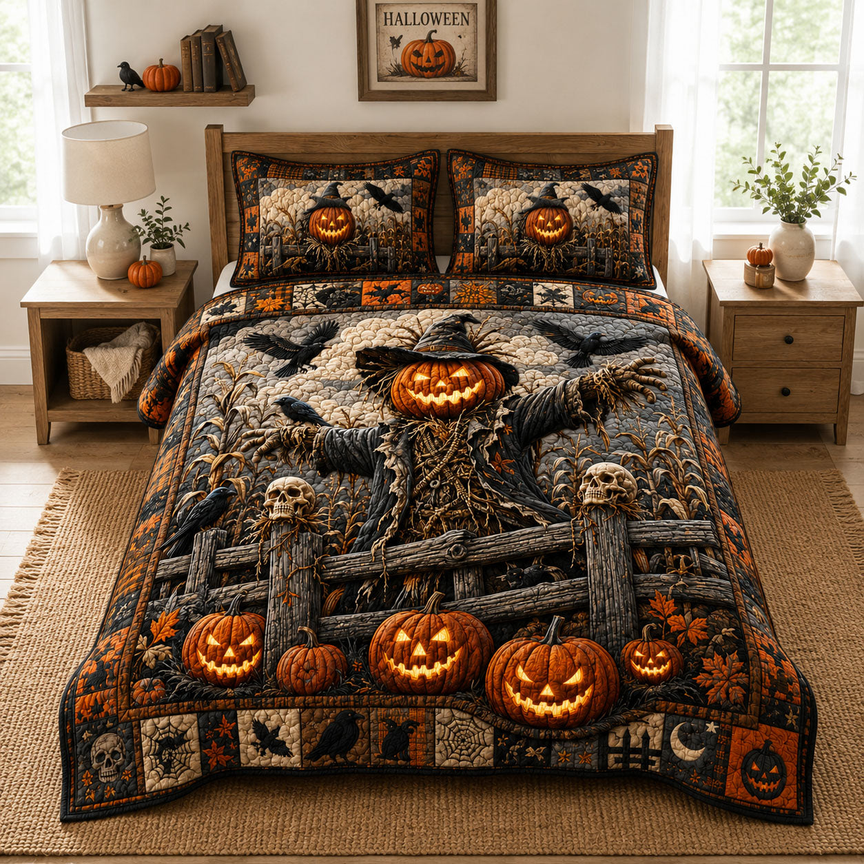 Scarecrow Pumpkin Patch Quilted Bedding Set Halloween Pumpkin Coverlet Set Ideas