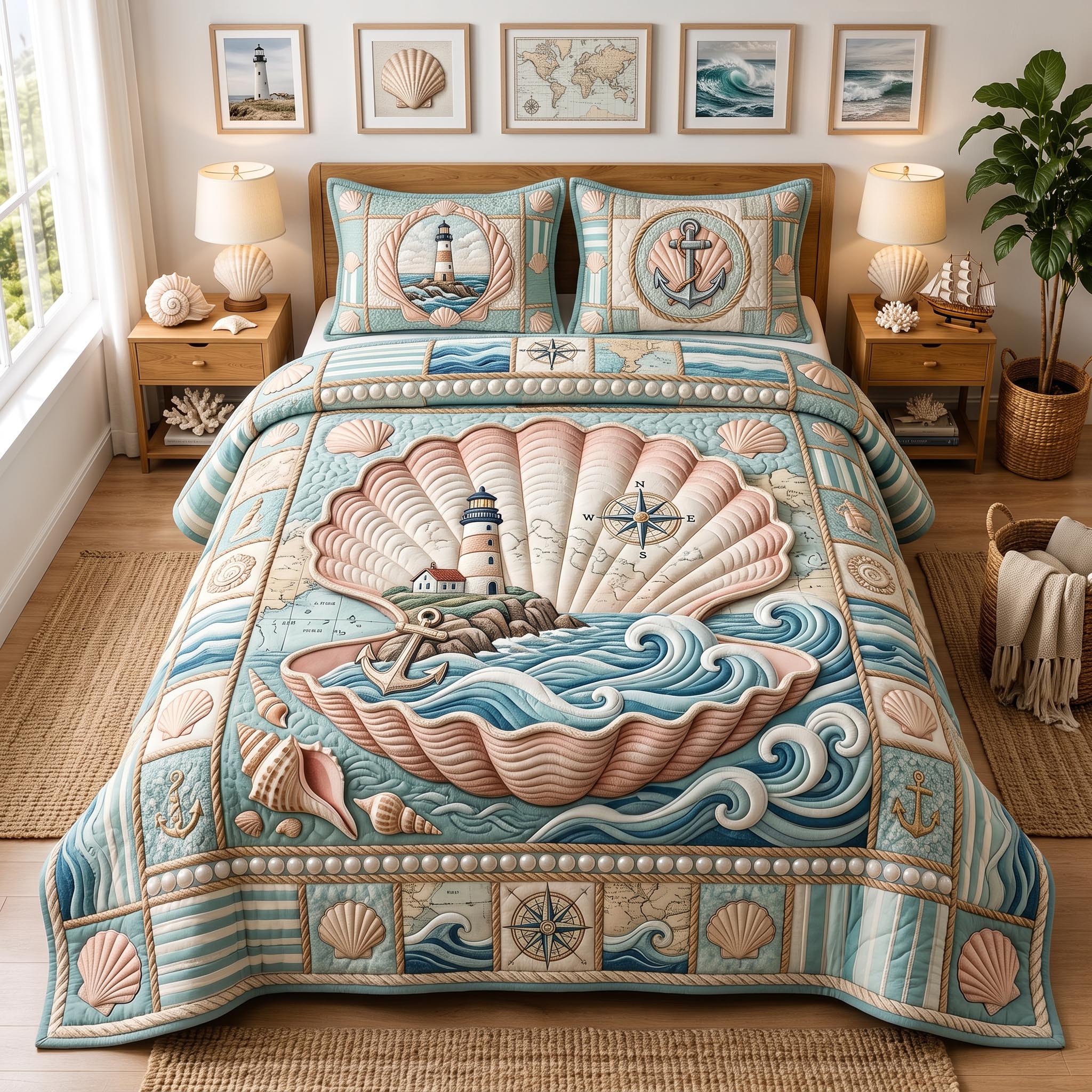 Sea Escape Quilted Bedding Set Coastal Serenity Coverlet Set Room Gift For Her