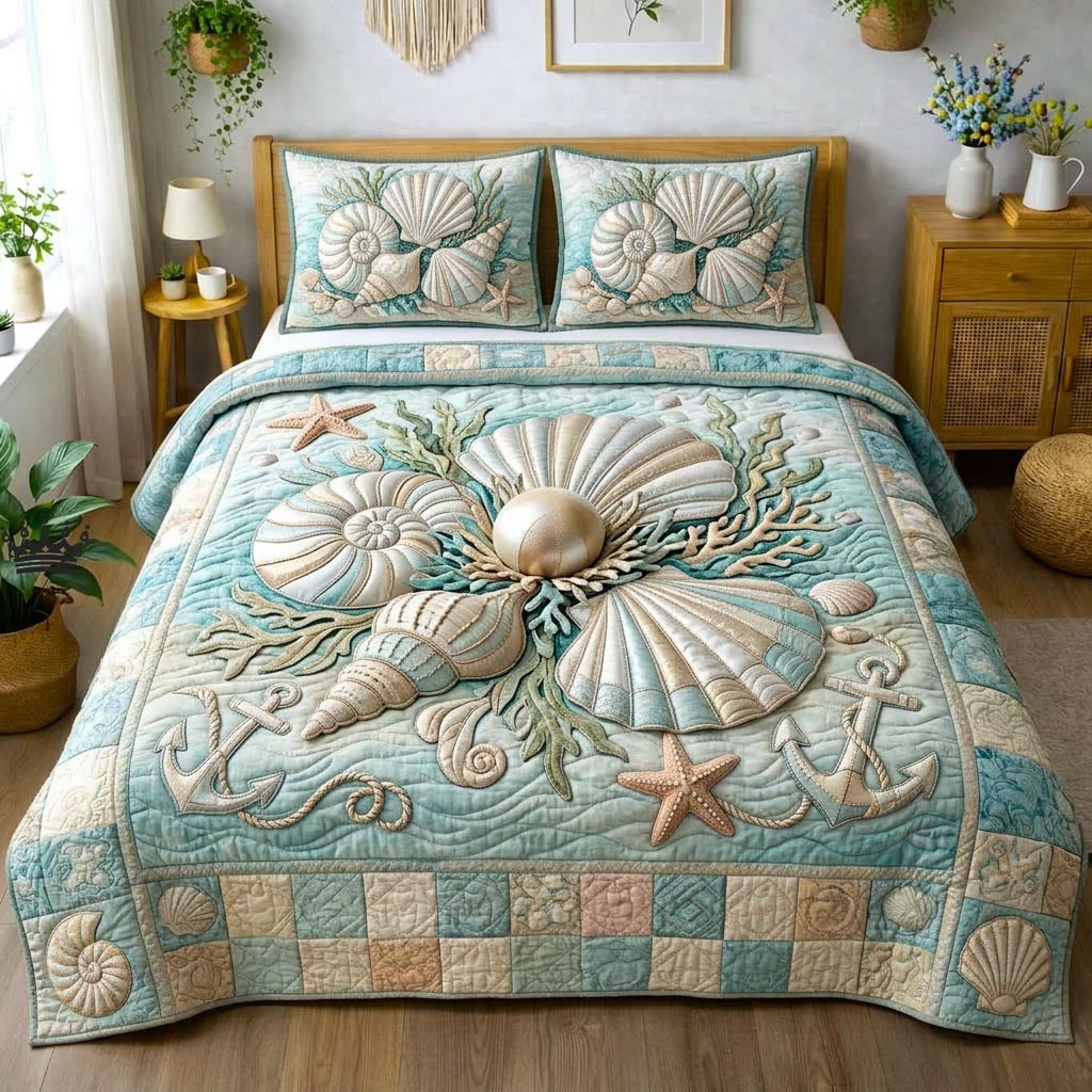 Sea Shells Quilted Bedding Set Coastal Shells Coverlet Set Cute Room Decor Gifts