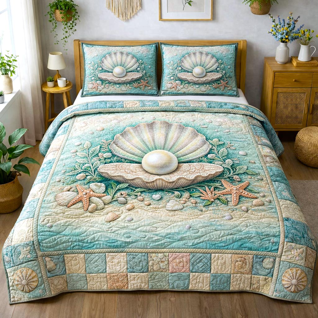 Sea Shells Quilted Bedding Set Coastal Shells Coverlet Set Gifts For Living Rooms