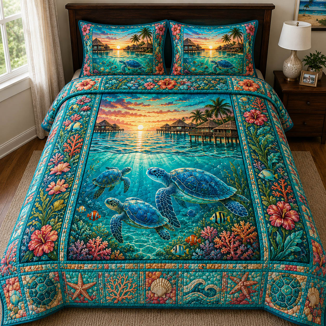 Sea Turtle Quilted Bedding Set Turtle Lover Coverlet Set House Lover Gift Ideas