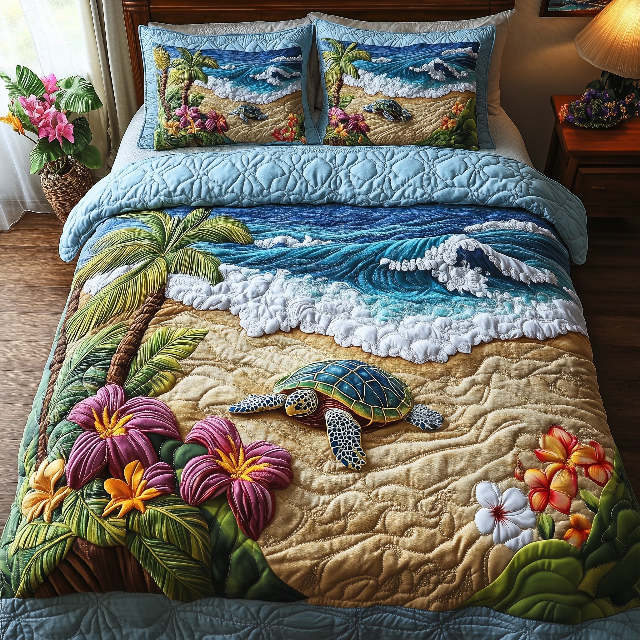 Sea Turtle Serenity Quilted Bedding Set Turtle Lover Coverlet Set Room Decor Gift