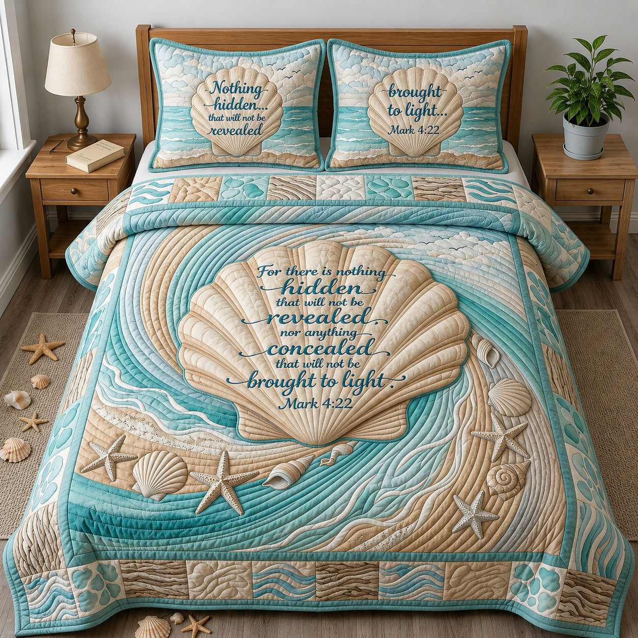 Seashell Bible Quote Quilted Bedding Set Christian Coastal Coverlet Set Presents For New Home