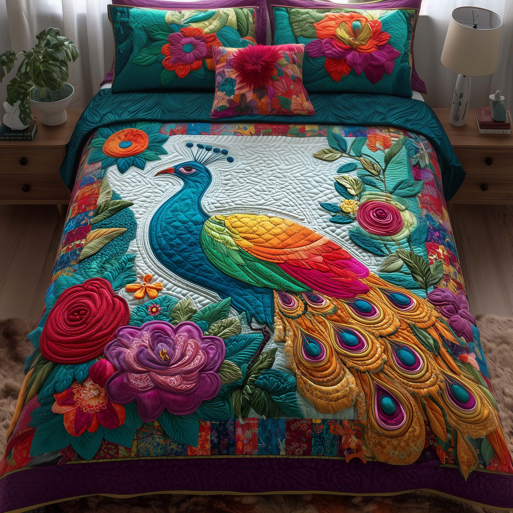 Serene Peacock Quilted Bedding Set Peacock Lover Coverlet Set Unique Home Decor Finds