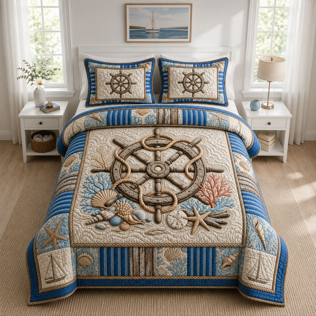 Ship Wheel Coastal Quilted Bedding Set Coastal Serenity Coverlet Set Gift For Home Decor