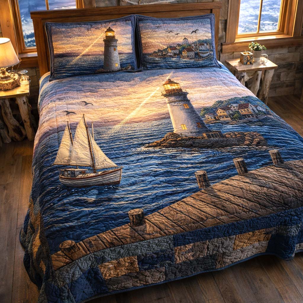 Shoreline Glow Quilted Bedding Set Coastal Serenity Coverlet Set Gifts For Living Rooms