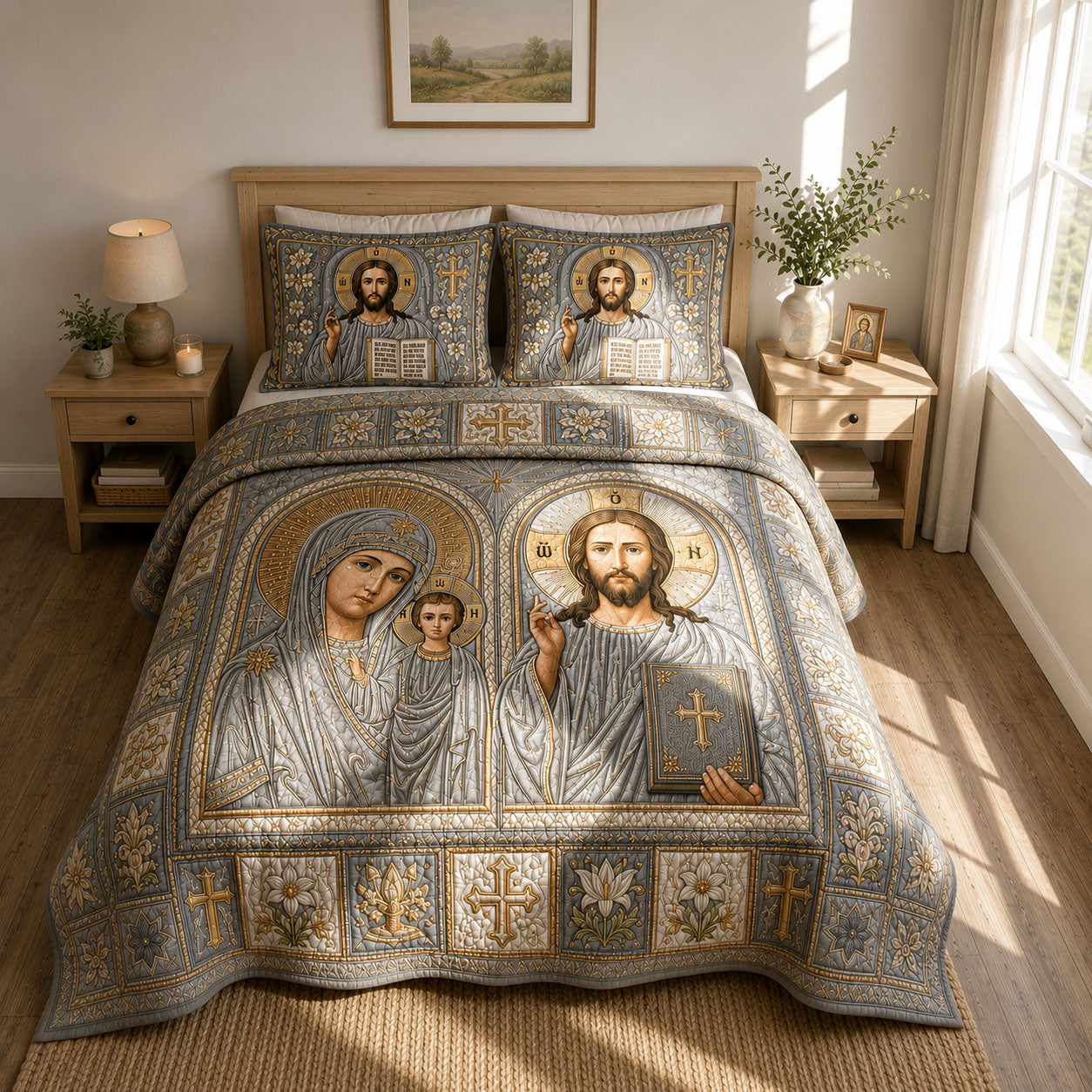 Silver Byzantine Christ And Theotokos Icon Quilted Bedding Set Christian Faith Coverlet Set