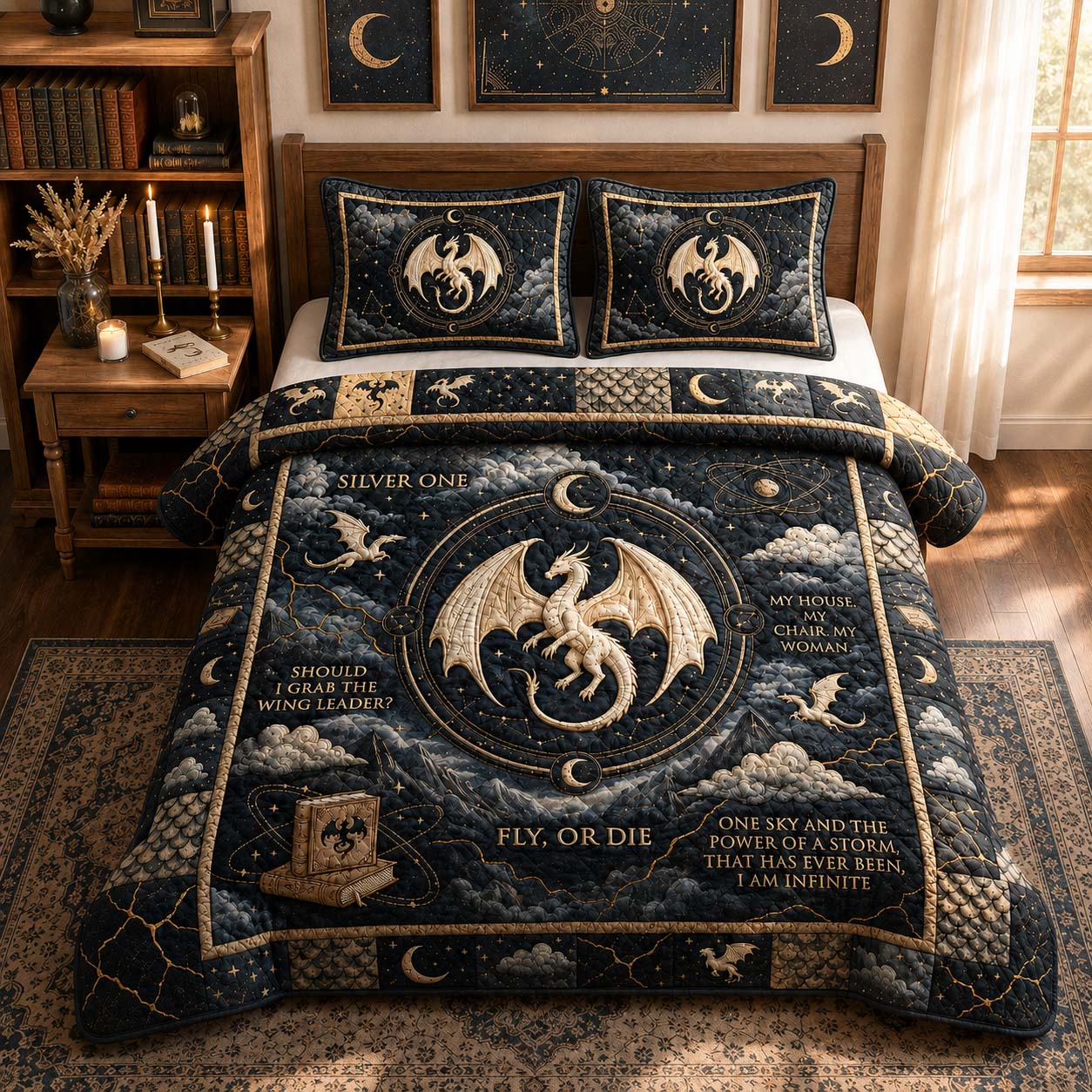 Silver Moon Dragon Quilted Bedding Set Dragon Lover Coverlet Set Gift For New Homeowners