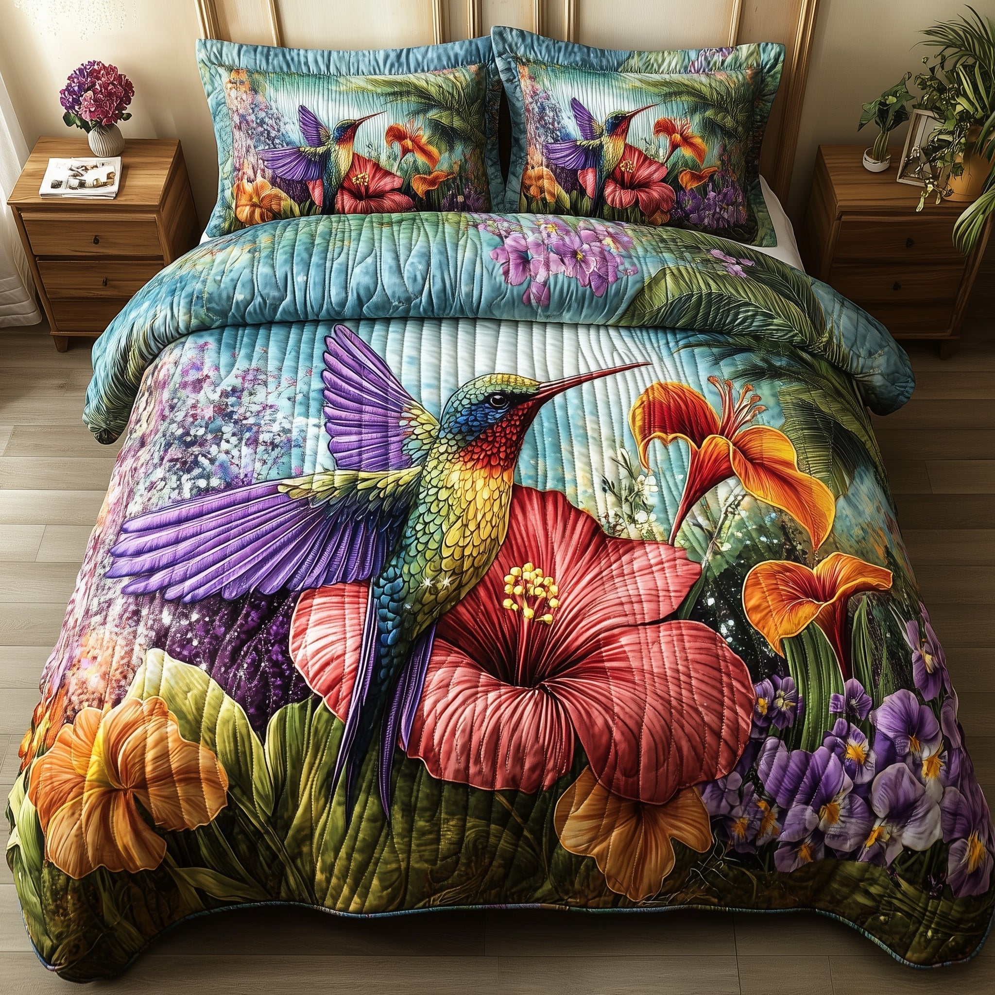 Sparkling Hummingbird Quilted Bedding Set Hummingbird Lover Coverlet Set Decor Gift