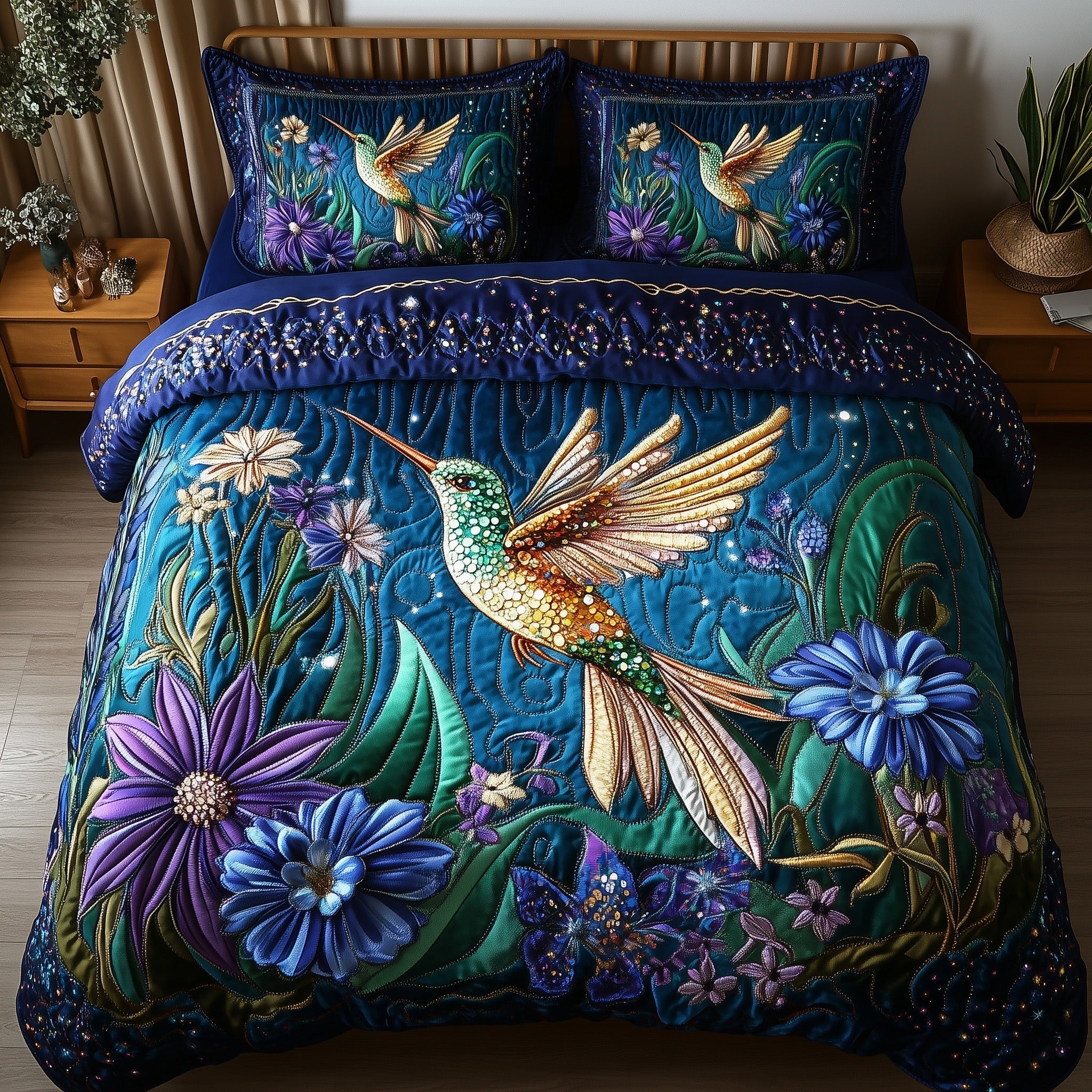 Sparkling Hummingbird Quilted Bedding Set Hummingbird Lover Coverlet Set Great Gift