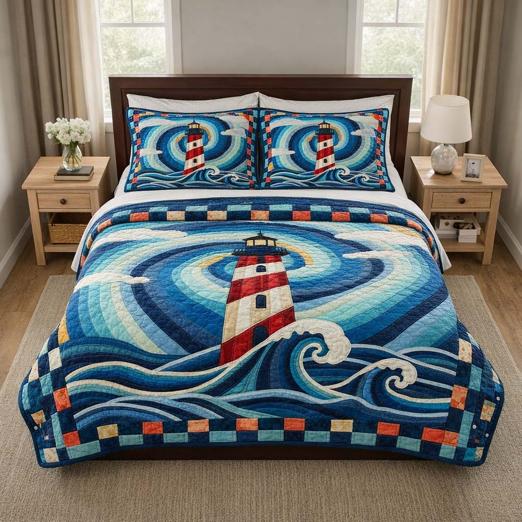 Spiral Beacon Quilted Bedding Set Rustic Lifestyle Coverlet Set Cool Gift