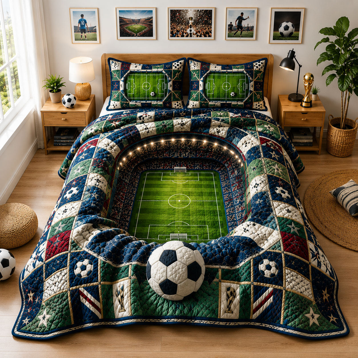 Stadium Arena Soccer Field Quilted Bedding Set Soccer Fan Coverlet Set Decor Gift
