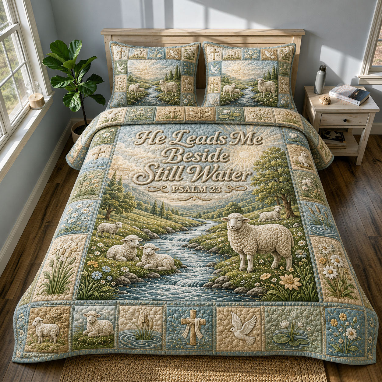 Still Waters Lamb Quilted Bedding Set Lamb Lover Coverlet Set Home Lover Gift