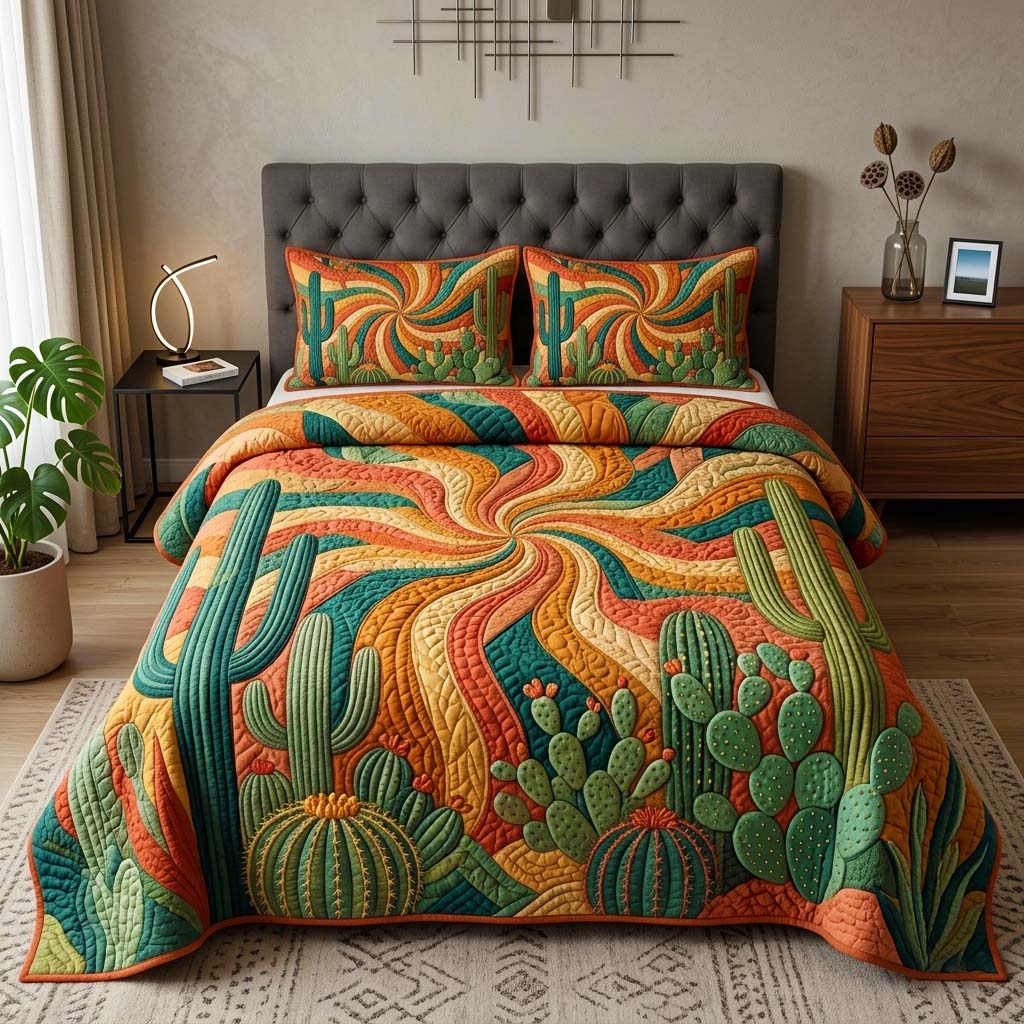 Sunbeam Cactus Quilted Bedding Set Desert Serenity Coverlet Set Room Decor Gift Ideas